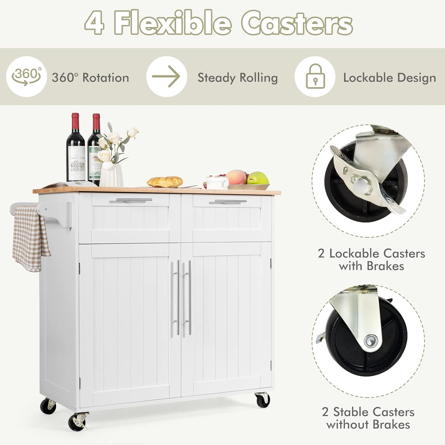 Giantex Kitchen Island Cart with Side Towel Bar, 2 Drawers, 2 Door Cabinet, Rolling Storage Trolley Cart with Rubber Wood Top & Lockable Casters, Perfect for Dining Room, Kitchen, Restaurant (White) - White image number 4
