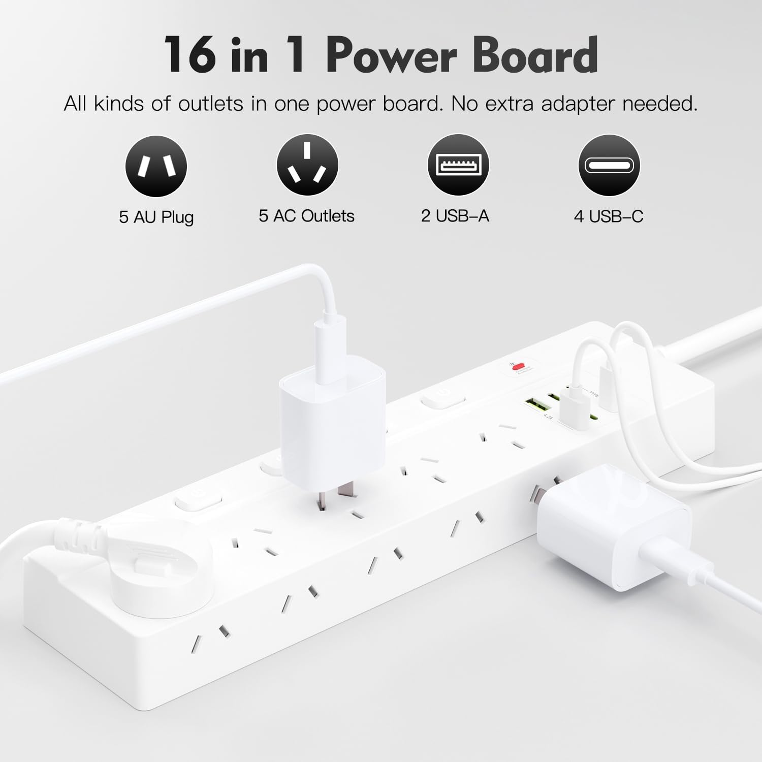 BOCHLION Power Strip with Independent Switch, Equipped with 10AC Power Sockets and 2 USB-A and 4 USB-C, 1.8M Extension Cable, Overload Protection for Home, Office, School, and Dormitory. (White) image number 1