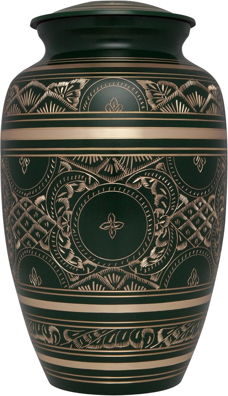 Liliane Memorials Green and Gold Funeral Cremation Urn Cassis Model in Brass for Human Ashes Suitable for Cemetery Burial Fits Remains of Adults up to 200 Lbs, Large