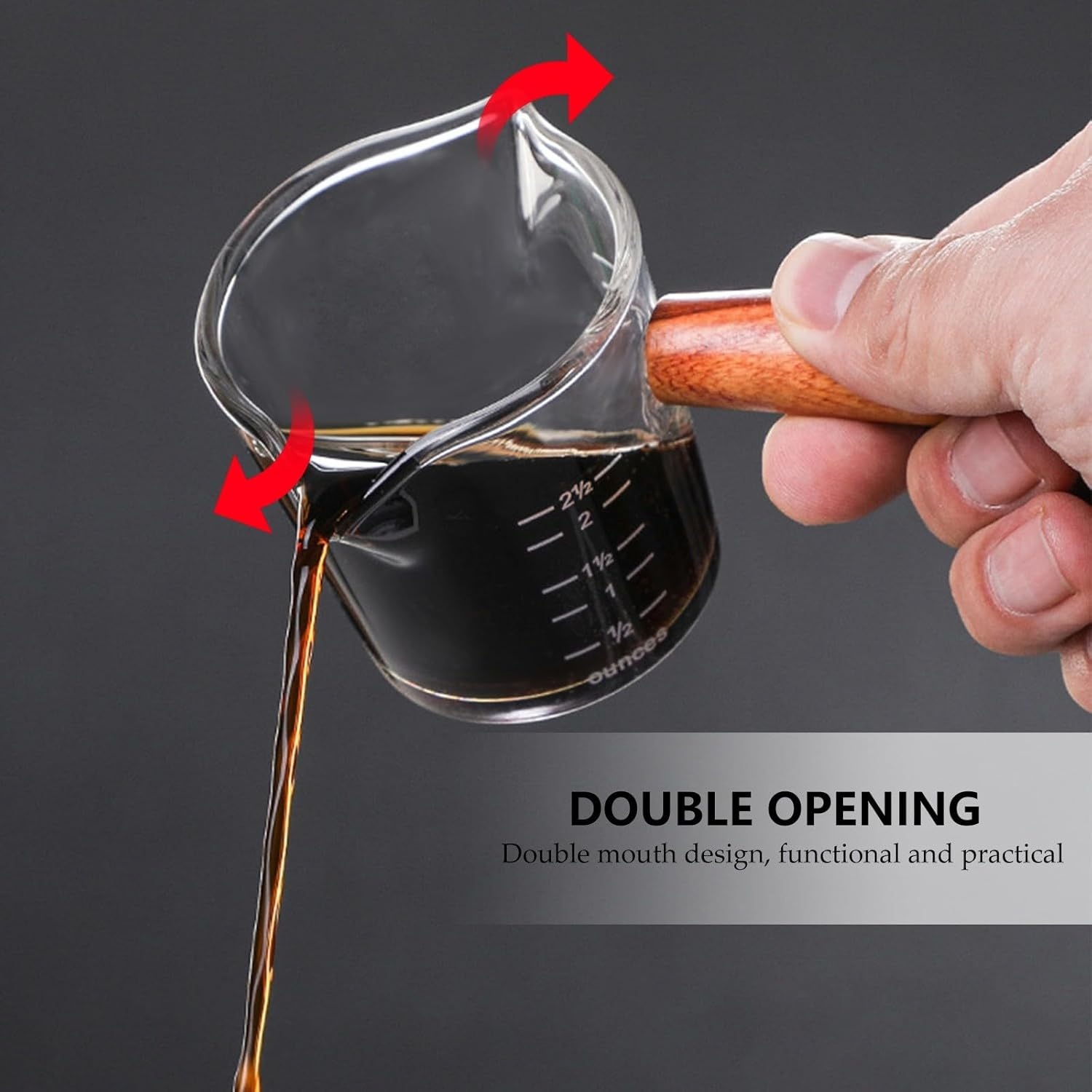 TEMPNAP Transparent Glass Coffee Measuring Cup with Wooden Handle Double Spout Milk Pitcher with Scale for Home Coffee Shops and Parties Easy-Clean Thick-Bottom Espresso Jug image number 4