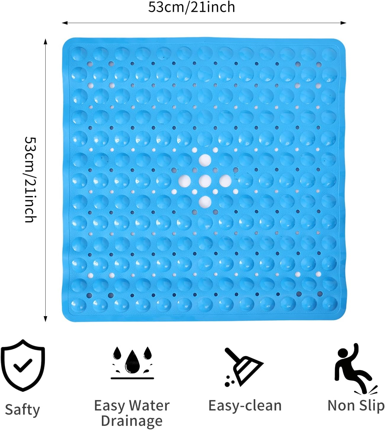 Square Shower Mat Non Slip anti Mould - 53 X 53Cm/21 X 21Inch anti Slip Shower Mat with Suction Cup, Antibacterial Rubber Bathtub Mat with Drain Holes, Machine Washable (Grey)