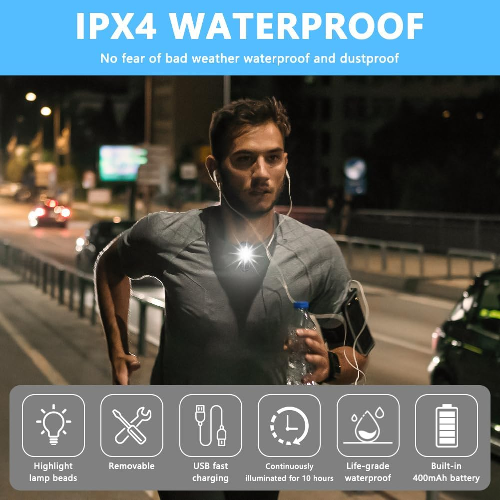 LED Clip Lamp, 5 Light Modes Running Light Small Headlamp Adjustable Headlamp USB Lamp IPX4 Waterproof Rechargeable Flashing Light with Red Light Lighting Effects for Jogging Camping