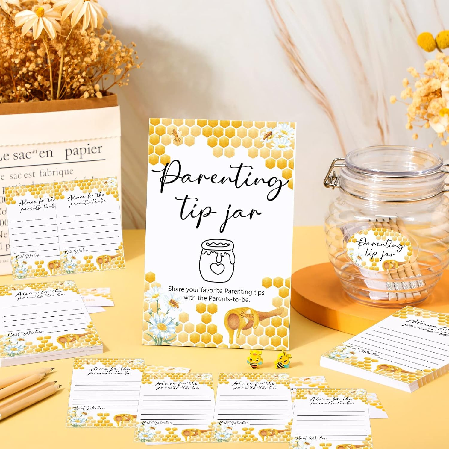 Roowest Baby Shower to Baby Advice Cards for New Parents to Be - Tip Jar Sign for New Parents 60 Parenting Advice Cards 10 HB Pencils 2 Cute Stickers 1 Pet Bottle for Guests Games(Honey) image number 4