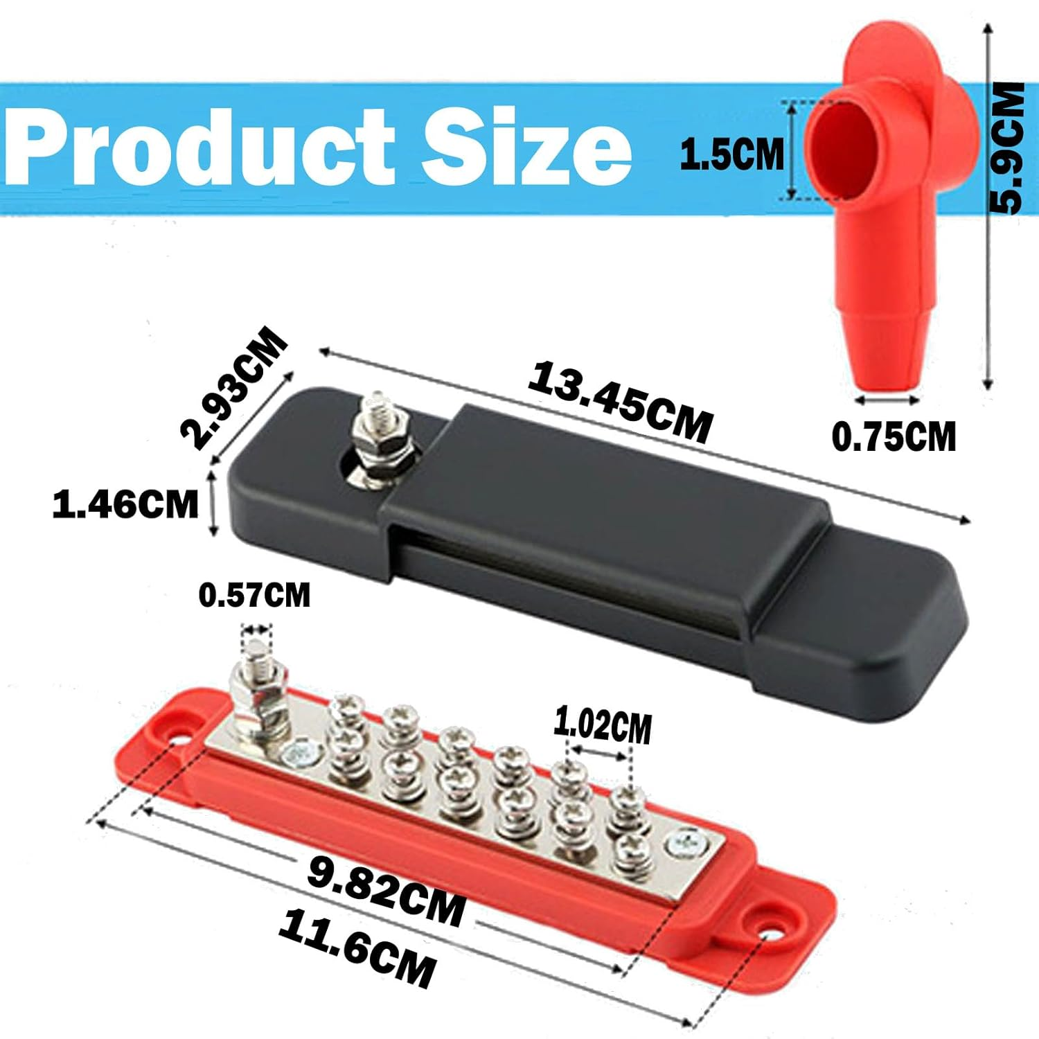 Power Distribution Block 12V 150A 1/4" Stud Marine Bus Bar 12 Volt DC Battery Busbar for Boat Au Tomotive Solar Wiring (Black+Red) image number 5