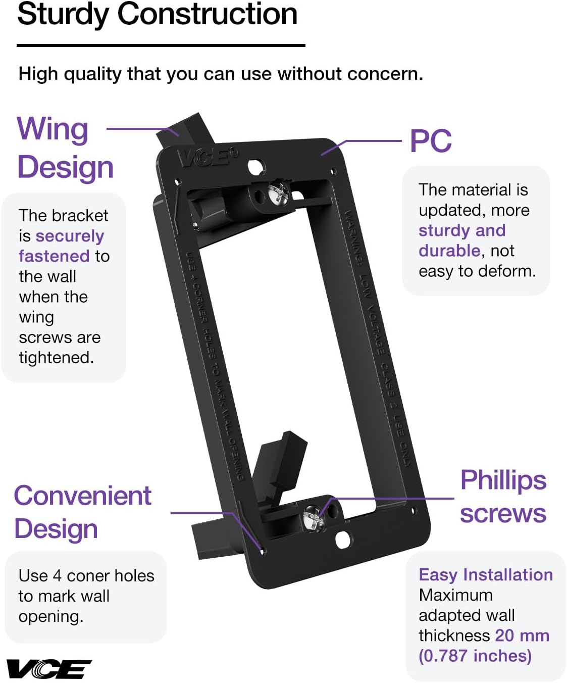 VCE Low Voltage Mounting Bracket (1 Gang, 5 Pack) for Single Gang Wall Plate, Telephone Wires, Network Cables, HDMI, Coaxial, Speaker Cables, Black image number 1