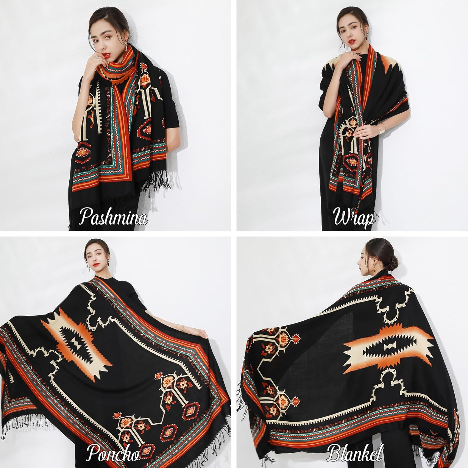 DANA XU Women'S 100% Merino Wool Extra Large Pashmina Shawl and Wraps Blanket Travel Scarf Cashmere Fall Winter Floral image number 4