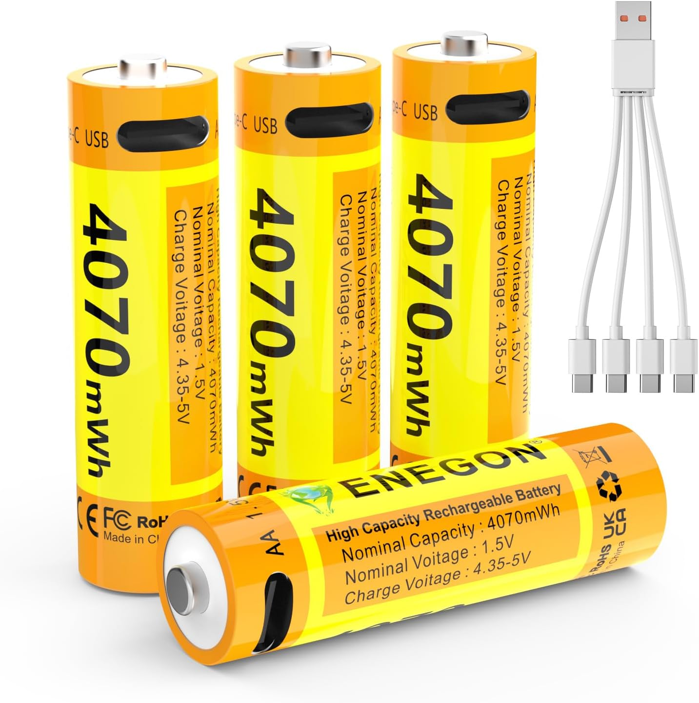 ENEGON AA Rechargeable Batteries 4-Pack, 1.5V 4070Mwh High Capacity Lithium-Ion Battery, Fast Charging in about 2 Hours, Type-C Cable Included, Constant Voltage Output. image number 2