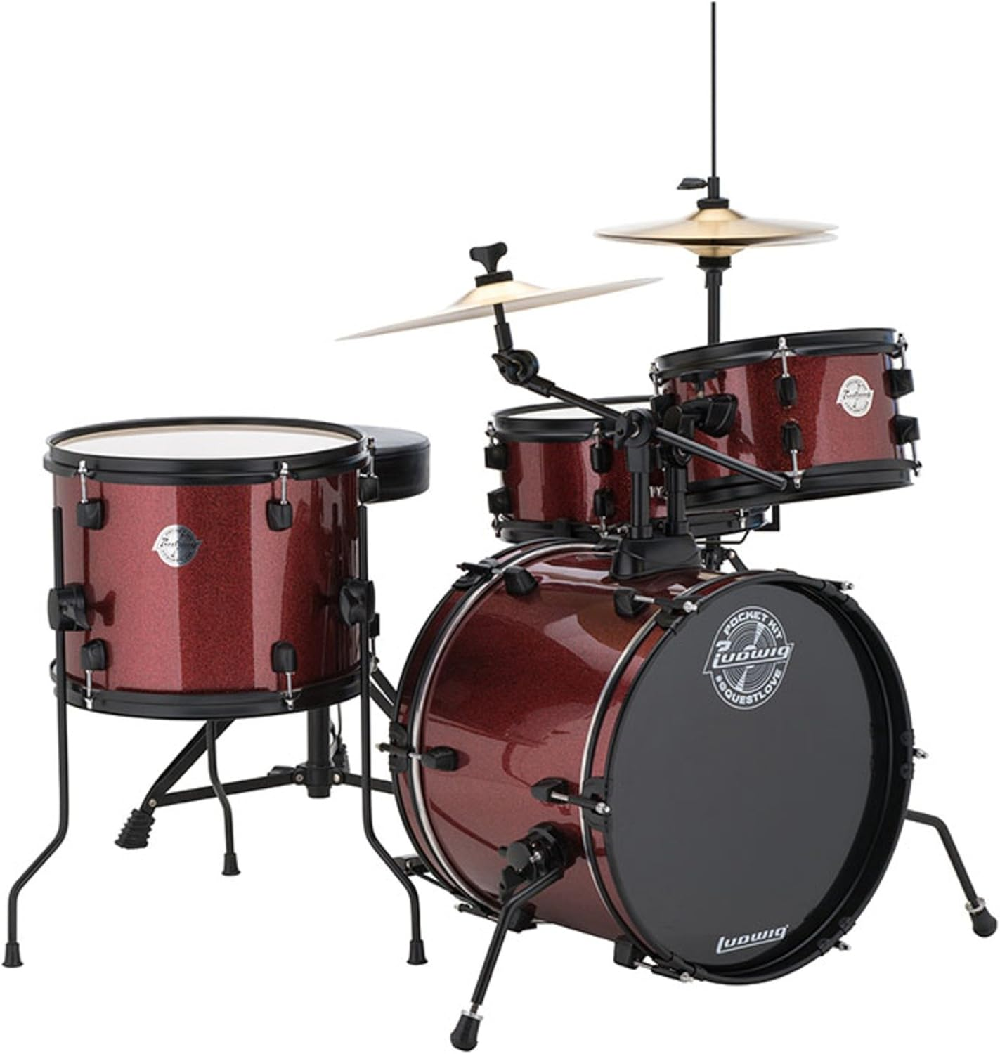 Ludwig Pocket Kit by Questlove | All-In-One Drum Set for Beginners | Includes 4 Drums, Hi-Hats, Crash/Ride Cymbal, Pedals, Throne & Sticks | Wine Red Finish (LC178X025)
