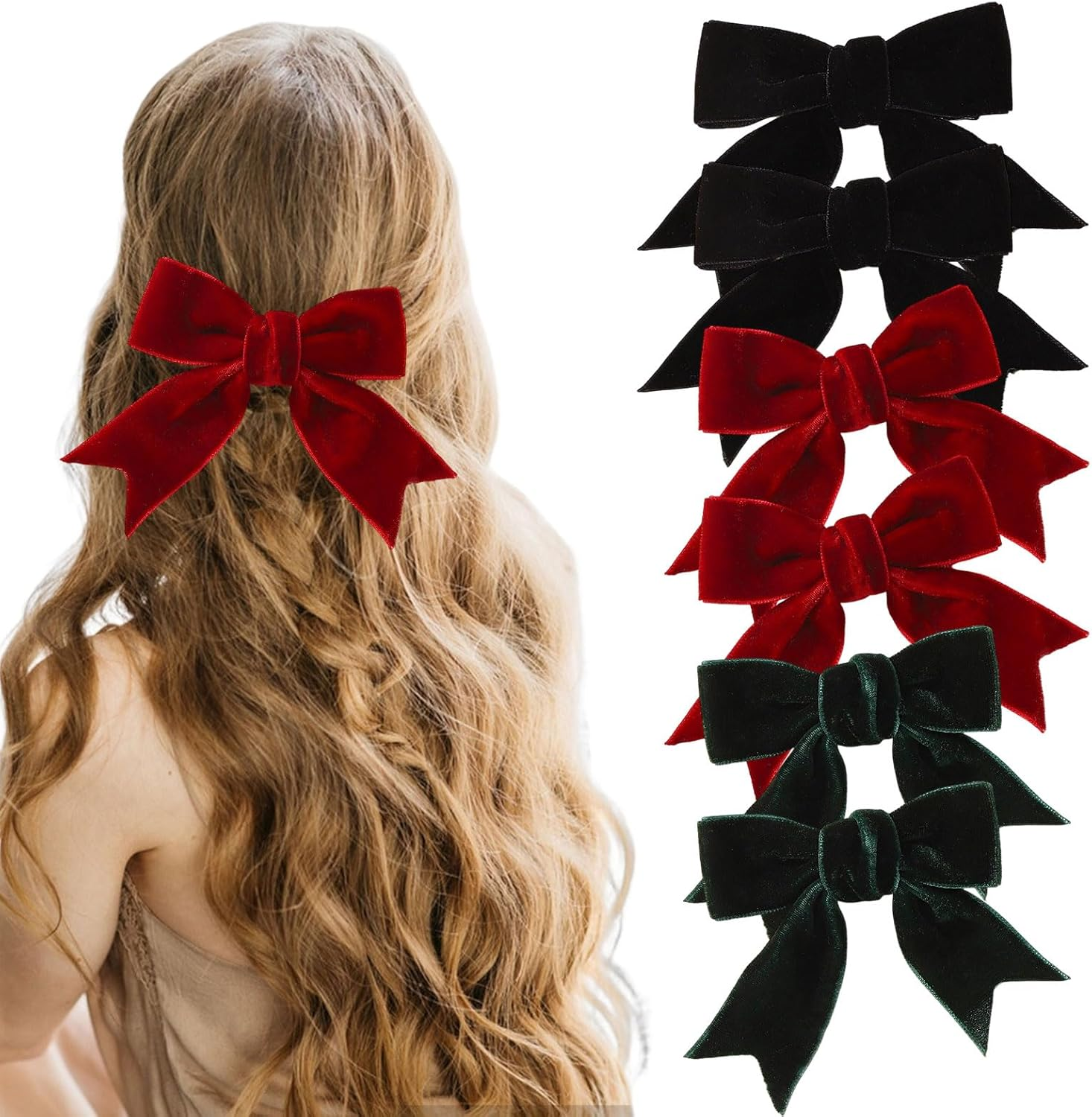Bowknot Hair Clips - Black/Red/Green - Pack of 6 image number 5