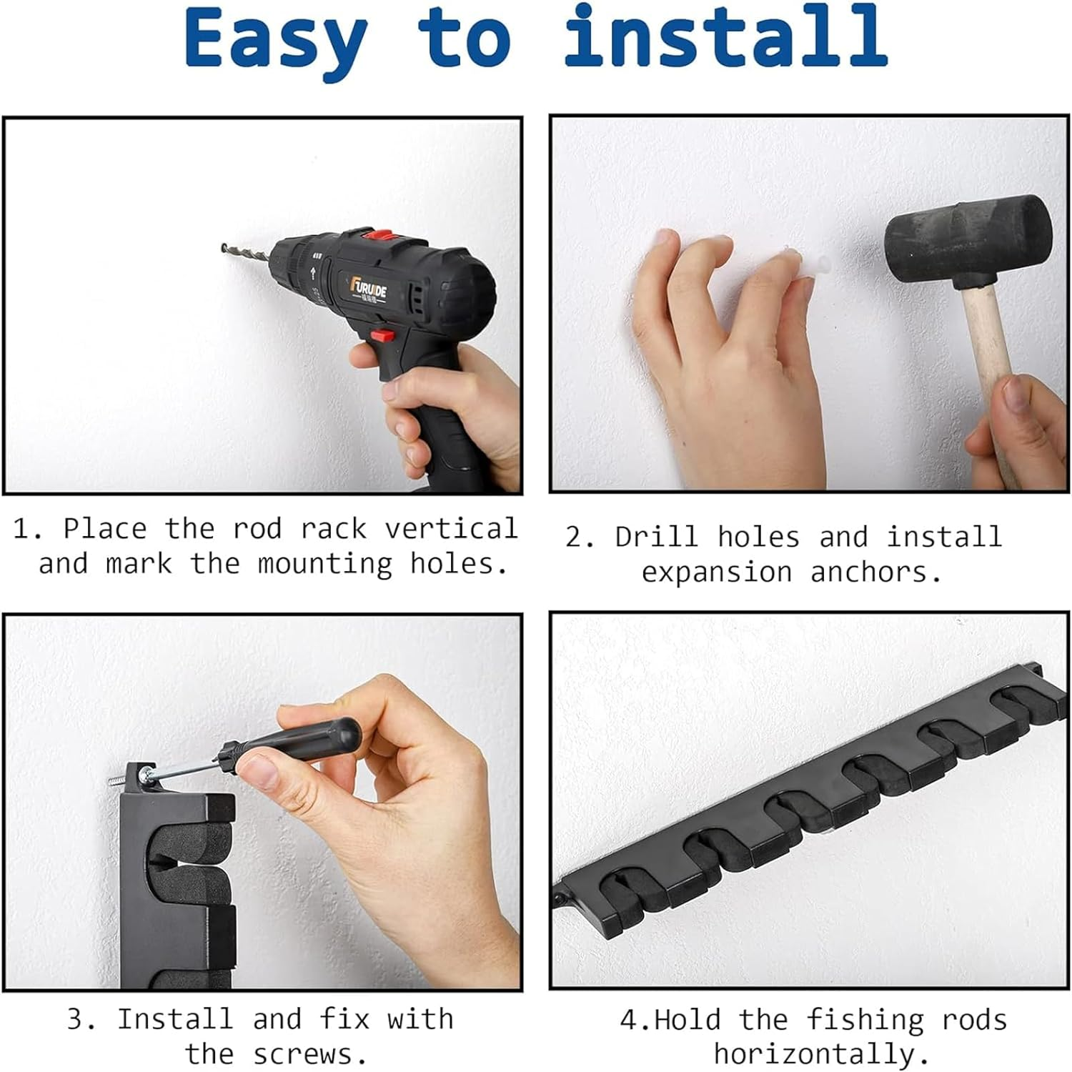 2 Pack Horizontal Fishing Rod Holders for Garage, Fishing Pole Holders to Hold 6 Rods, Wall Mounted Fishing Rod Rack, Kayak Fishing Pole Storage Holder and Rack image number 4