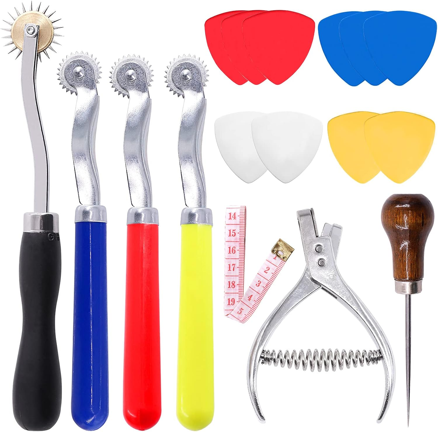 Mardatt 8Pcs Professional Leather Sewing Tools Kit with Tracing Wheels, Stainless Steel Pattern Notcher, Scratch Awl, Tailors Chalk, Soft Measuring Tape for Leather Tailor Paper Cloth Sewing image number 4