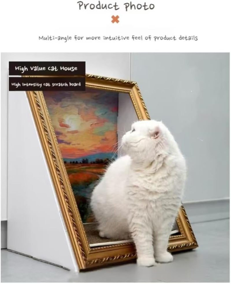 Cat Scratcher Bed, Durable Scratching Cardboard for Indoor Cat House, Artistic Oil Painting with Durable Scratcher Pad Surface for Cats, Cat Condo with Scratcher Pad, Scratch Furniture (Gold) - Gold image number 3