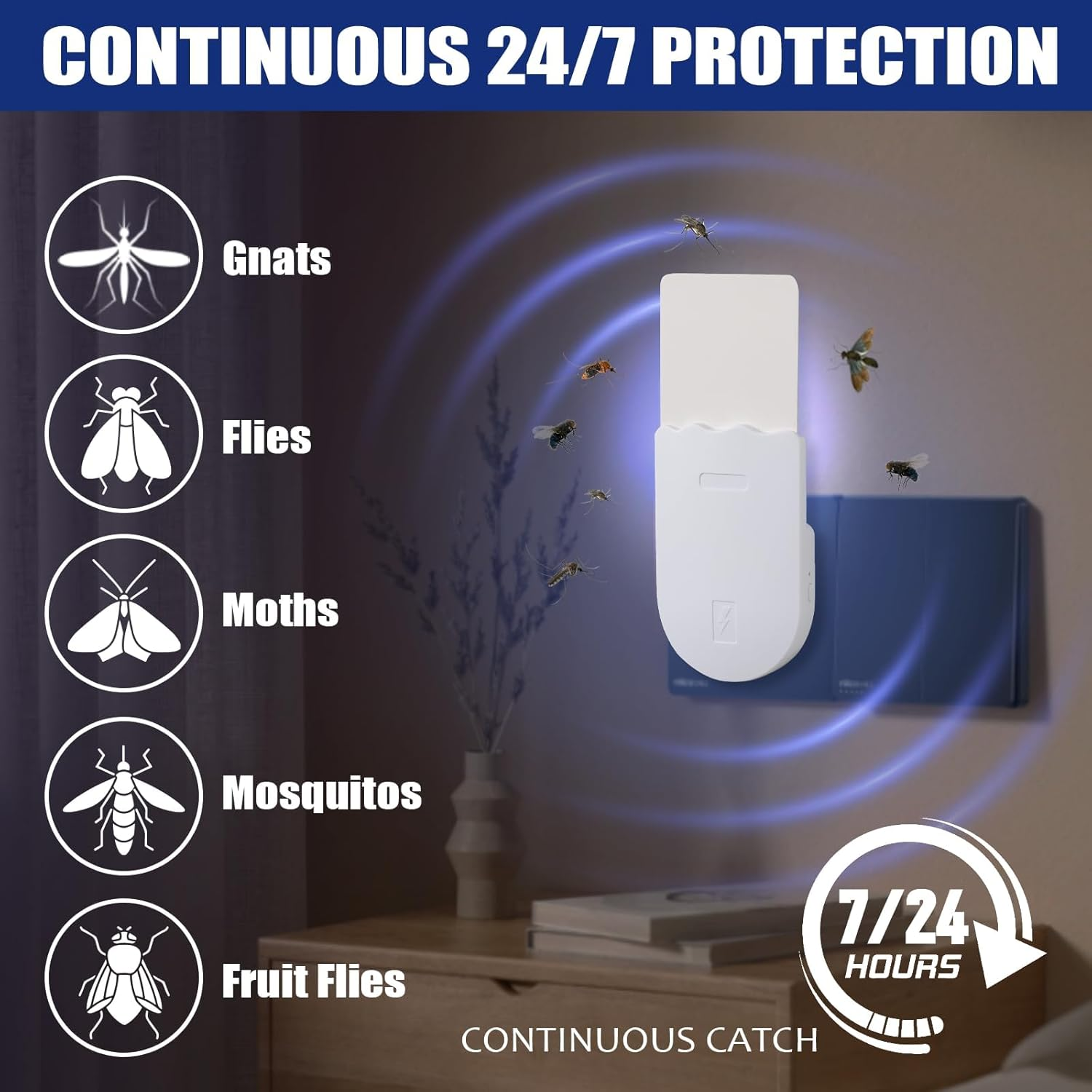 2 Pack Indoor Plug-In Mosquito Killer, Flying Insect Trap for Flies Fruit Flies Moths & Gnats with UV Attractant, Adjustable Brightness Night Light & 10 Adhesive Cards image number 3