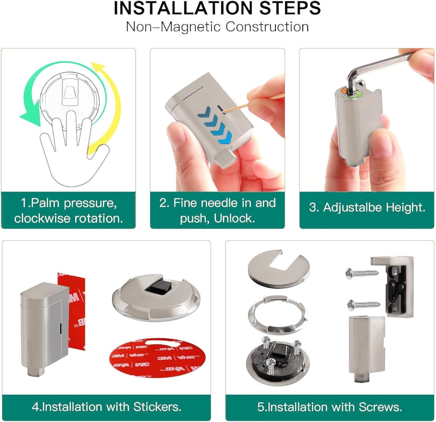 Zalizr No-Magnetic Mechanical Door Stopper, Adjustable Height Door Holder for Gaps 0.5 to 2 CM, Windproof, with Adhesive Pads and Screws (Glossy Nickel) image number 5