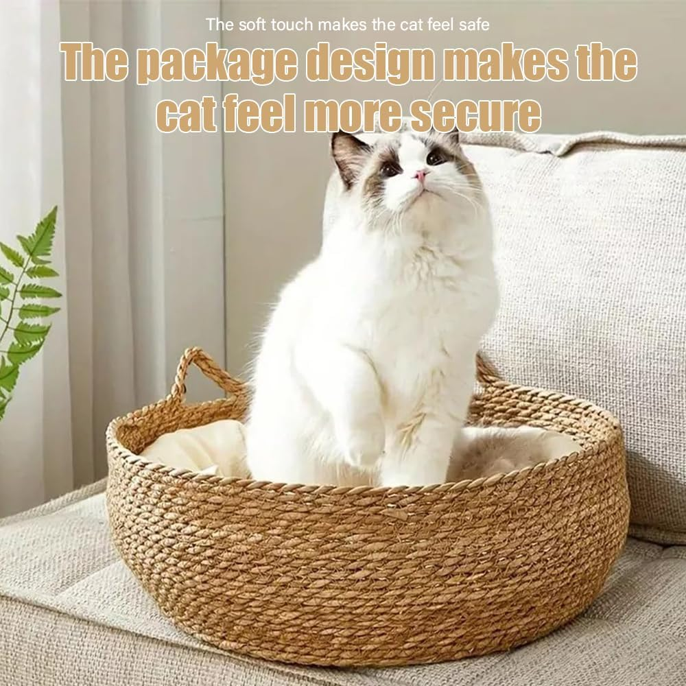 Handmade Woven Straw Cat Bed, Natural Cattail Leaf Nest with Soft Removable Cushion, round Basket Pet House for Cats, Kittens, Small Dogs and Rabbits image number 1