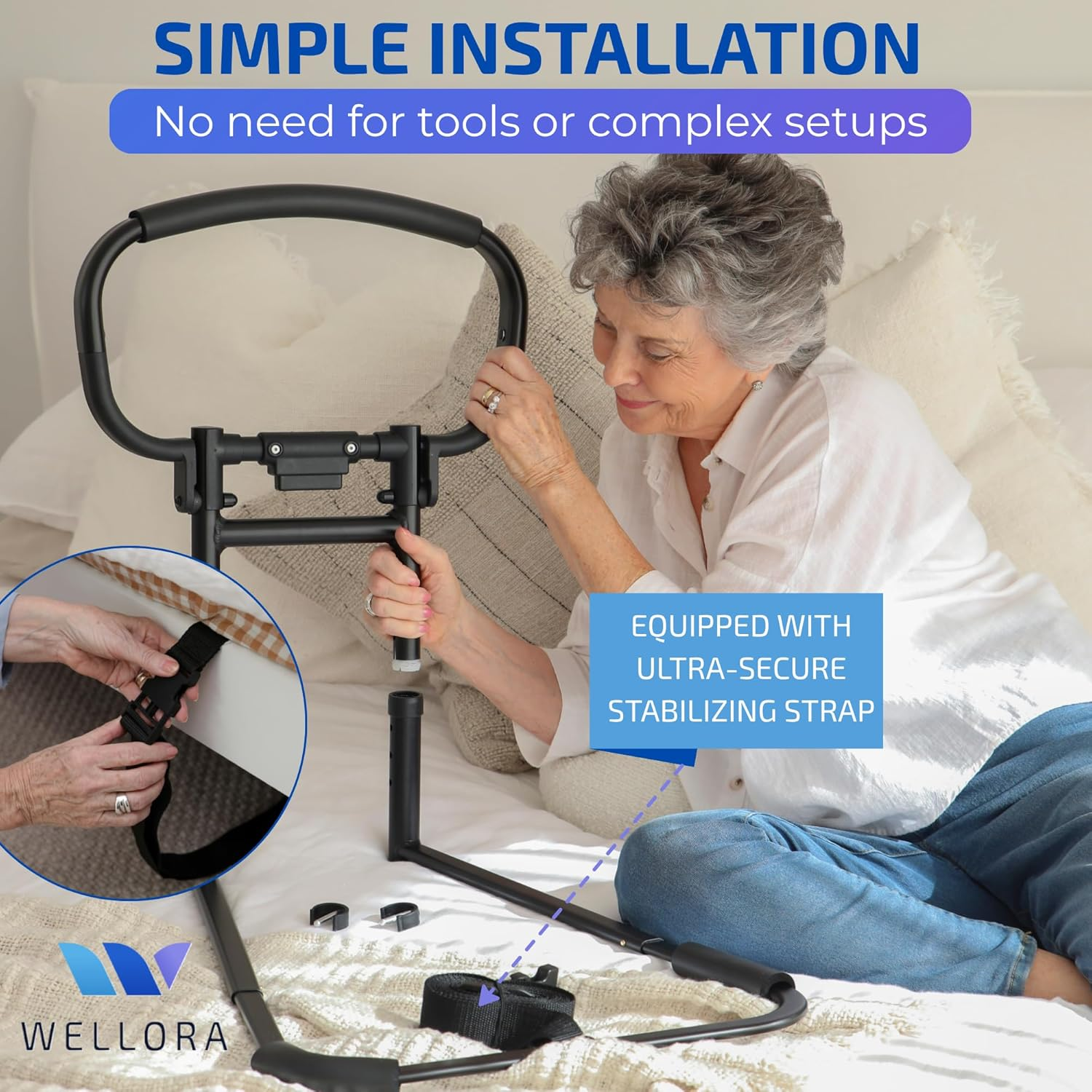 Sturdy Bed Rails for Adults, Pregnant Women, Safety-Foldable & Adjustable Bed Rail-Supports up to 150Kgs-Free Motion Light & Storage Bag-Fit King, Queen, Full, Twin-Bed Guard Rail for Seniors WELLORA image number 3