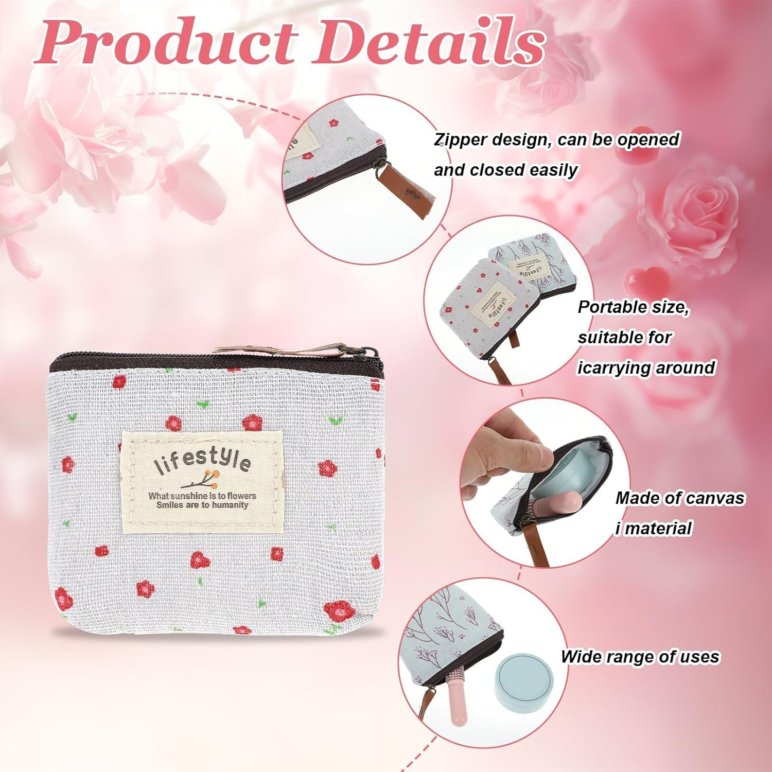 4 Pack Mini Linen Floral Small Makeup Bag, Mini Makeup Bag with Zip, M-Ini Canvas Coin Purse, Portable Toiletry Organizer, Wallet for Storing Coin, Credit Card, ID Card image number 2