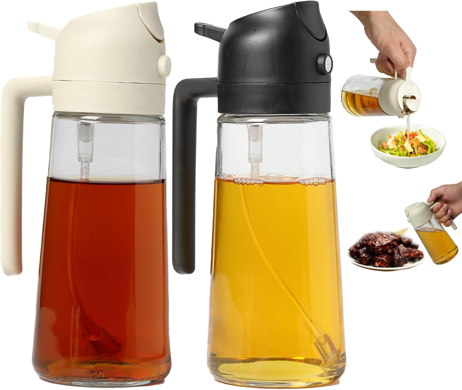 2 Pack Oil Sprayer for Cooking, 2 in 1 Olive Oil Dispenser Bottle for Kitchen, 16Oz/470Ml Oil Dispenser Bottle, Food-Grade Glass Oil Mister for Air Fryer, Oven & Steak Frying, Black & Cream White image number 4
