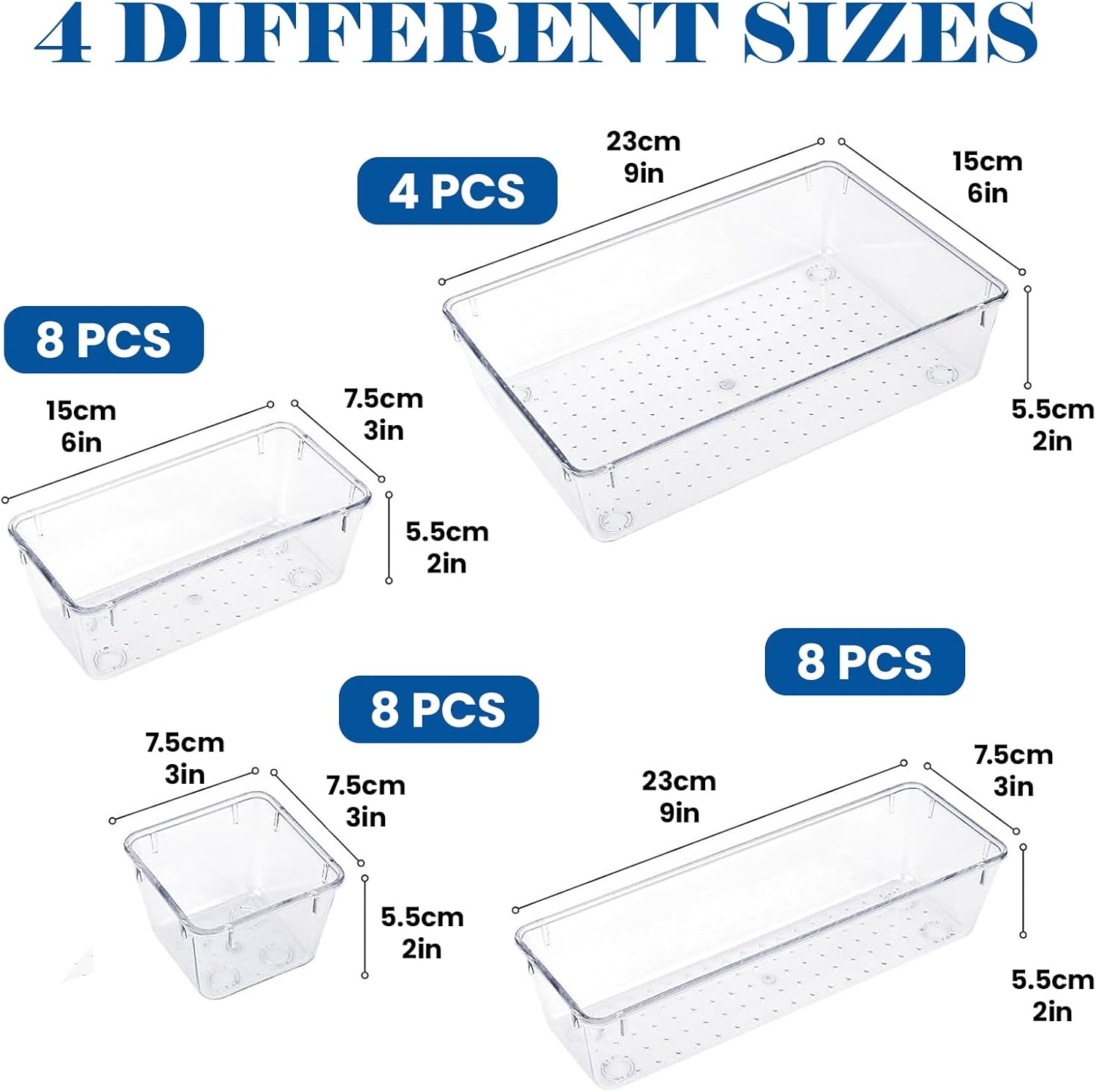 28 PCS Drawer Organiser Set, 4 Sizes Clear Plastic Desk Drawer Divider Organisers for Makeup, Jewelry, Non-Slip Vanity Organizer Trays for Kitchen, Bedroom, Bathroom, Office image number 1