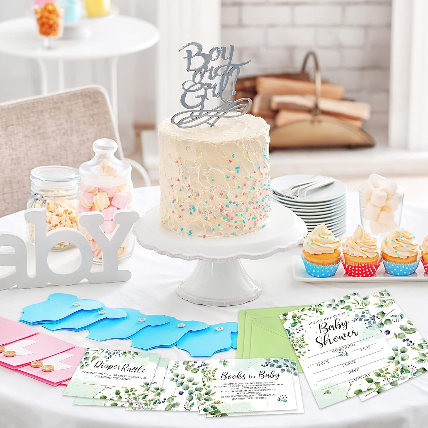 Leinuosen 25 Sets Greenery Baby Shower Invitations, Diaper Raffle Tickets, Baby Shower Book Request Cards with Envelopes for Baby Shower, Engagement and Birthday Party Decorations image number 6