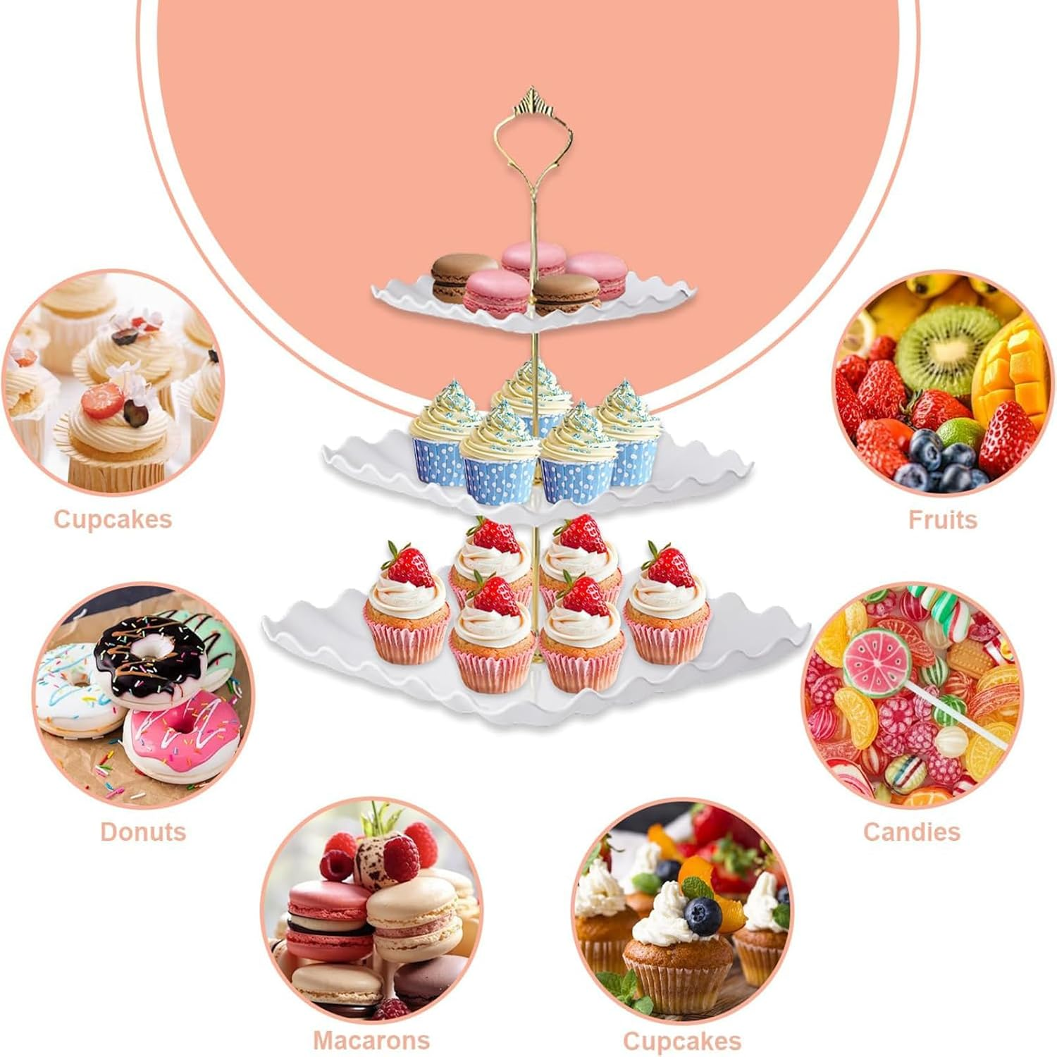 12 Pcs Dessert Table Display Set, Dessert Cupcake Stand,4 Pcs 3 Tier Cupcake Stand Tower Holder and 6 Pcs Serving Tray and 2 Tongs for Tea Party Birthday Baby Bridal Shower Party image number 2