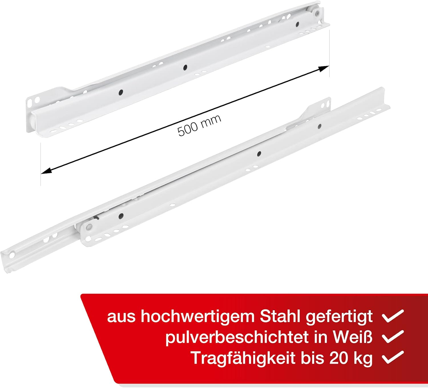 Loumaxx Roller Slide Guides 500 Mm | Set of 2 (1 Pair) Drawer Runners White | Drawer Rail System with Partial Extension | Smooth Runners Drawer in Cream White image number 2