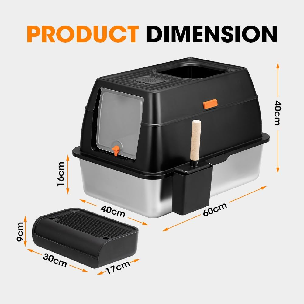 Petzly Stainless Steel Litter Box with Lid, 60 L X 40W X 40H CM XXL Cat Litter Box, Front Entry Top Exit Kitty Litter Box, Extra Large Enclosed Metal Litter Box with Litter Scoop & Litter Mat