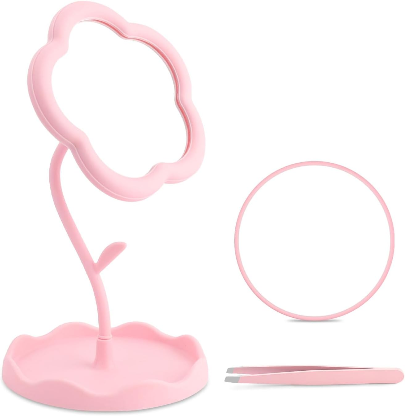 Roucerlin 9 Cm Flower-Shaped Makeup Mirror with Stand Set, 15 X Magnifying Mirror with Suction Cup and Tweezers, Table Mirror Pink for Bedroom, Living Room and Bathroom (Pack of 3)