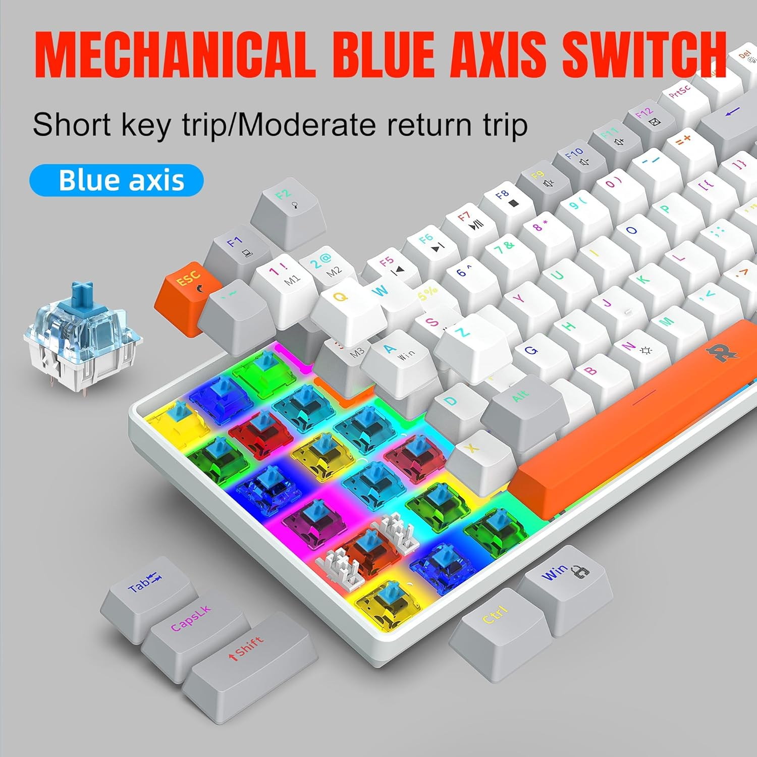 ROCK POW 70% Wired Mechanical Gaming Keyboard, 84Keys RGB Backlit Ultra-Compact Mini Keyboard, Waterproof Mini Compact for Pc/Mac Gamer, Typist, Easy Carry on Trip Blue Switch - 63 Blue White Red image number 4