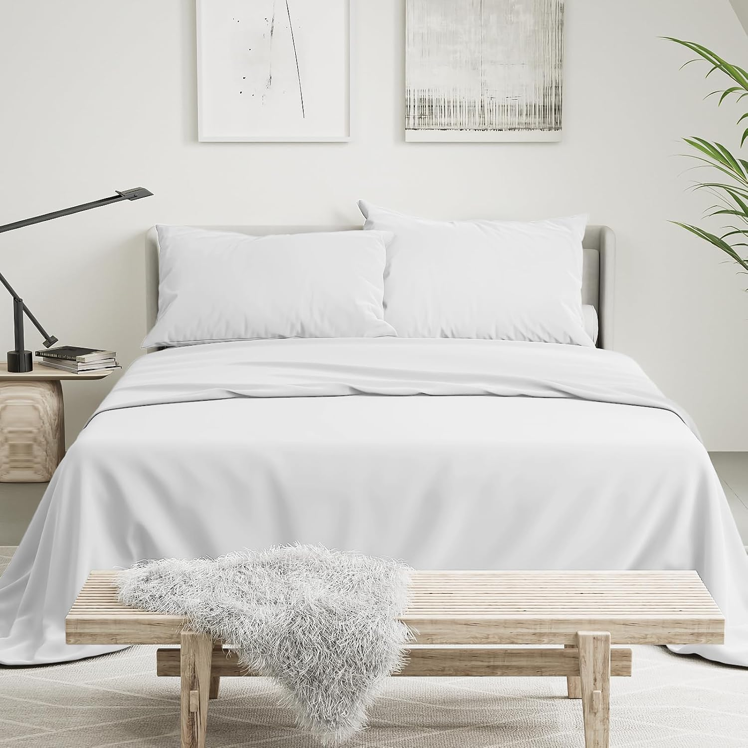 RUN HELIX 4 Pieces King Bed Sheet Set - Ultra Soft Microfibre Fabric Fitted Sheet with 35Cm Deep Pocket, Mattress Protector, Easy Care, Wrinkle Free, Fitted Sheet & Flat Sheet & 2 Pillowcases, White image number 5