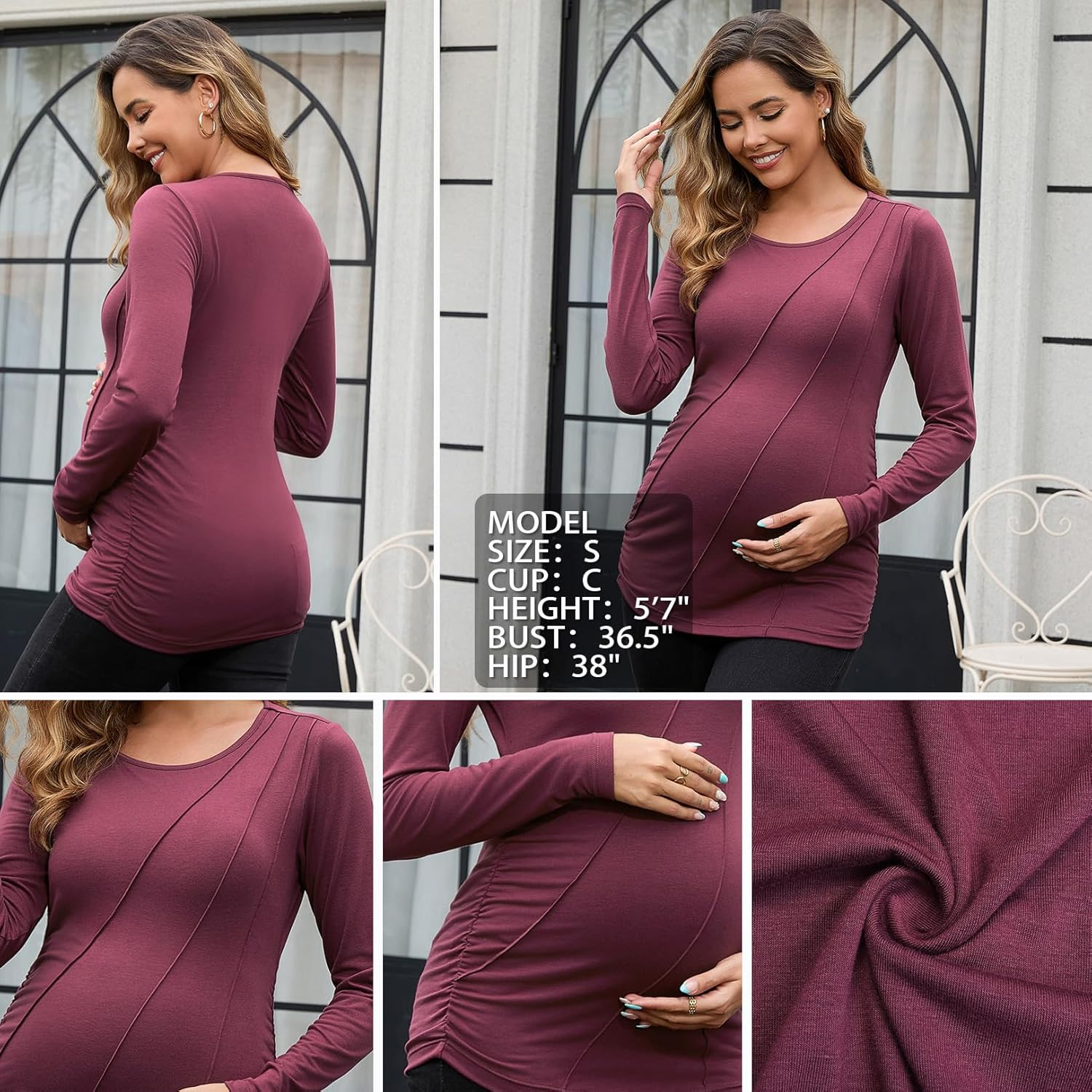 DEBELLY Maternity Long Sleeve Shirt Pleated Crew Neck Pregnancy Top for Women Side Ruched Work Lounge image number 5