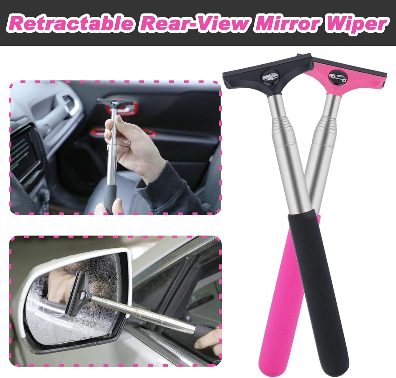 Side Mirror Squeegee, 2 PCS Car Rearview Wiper, Retractable for All Vehicles, Universal Automotive Accessories (Black/Pink) image number 1