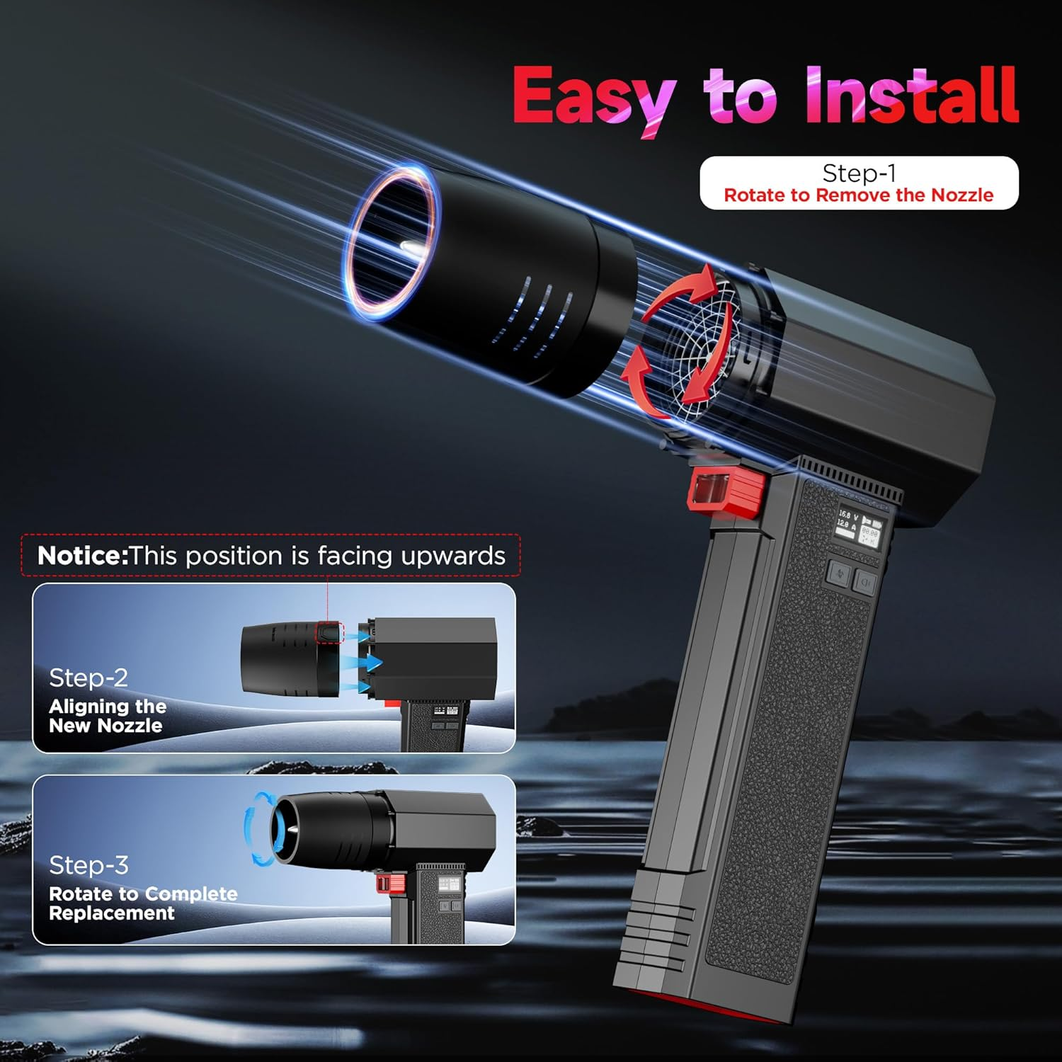 XOOPON Super Car Dryer Air Blower Turbo Fan,Instantaneous Thrust 1.4KG,4 Speeds Control,4000Mah Rechargeable Cordless Electric Leaf Blower,Powerful 64MM Turbo Fan with 3 Nozzles for Patio Cleaning image number 3