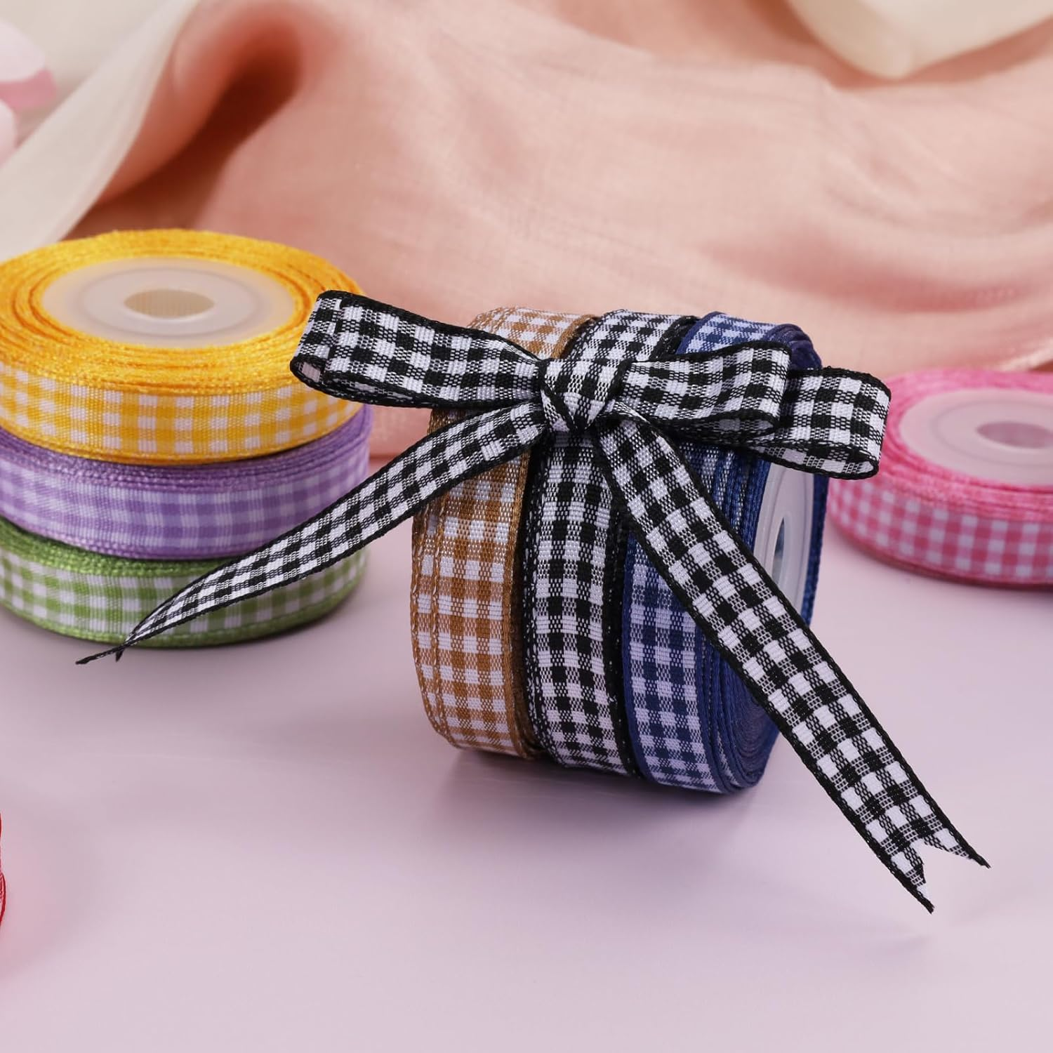 WRAPLA 10 Rolls Gingham Ribbon Set - 10Mm Wide 9M/Roll Easter Craft Ribbon for Gift Wrapping, Wedding Decorations, Hair Accessories & Aussie Florist Supplies (3/8" X10Yd) image number 1