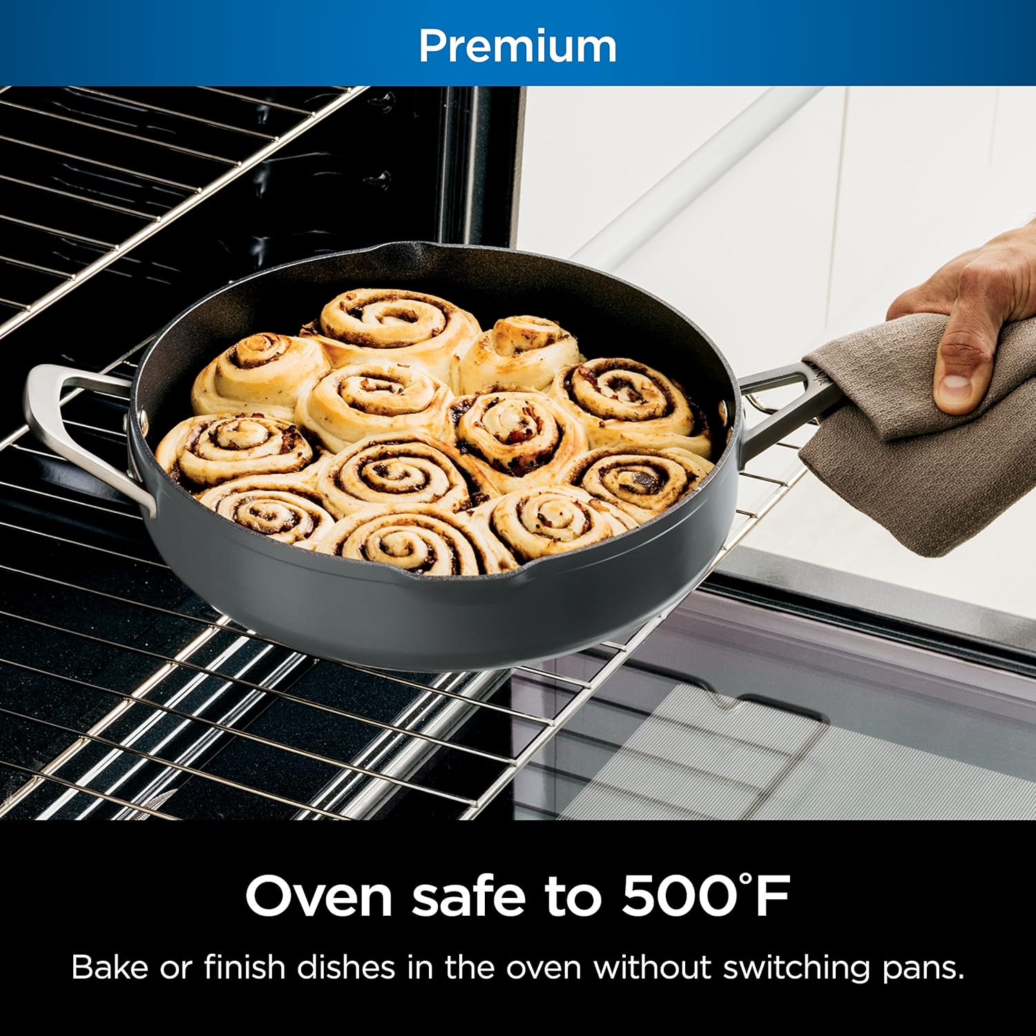 Ninja CW102GY Foodi Neverstick Possiblepan, Premium Set with 4-Quart Capacity Pan, Steamer/Strainer Basket, Glass Lid & Integrated Spatula, Nonstick, Durable & Oven Safe to 500&deg;F, Sea Salt Grey image number 6