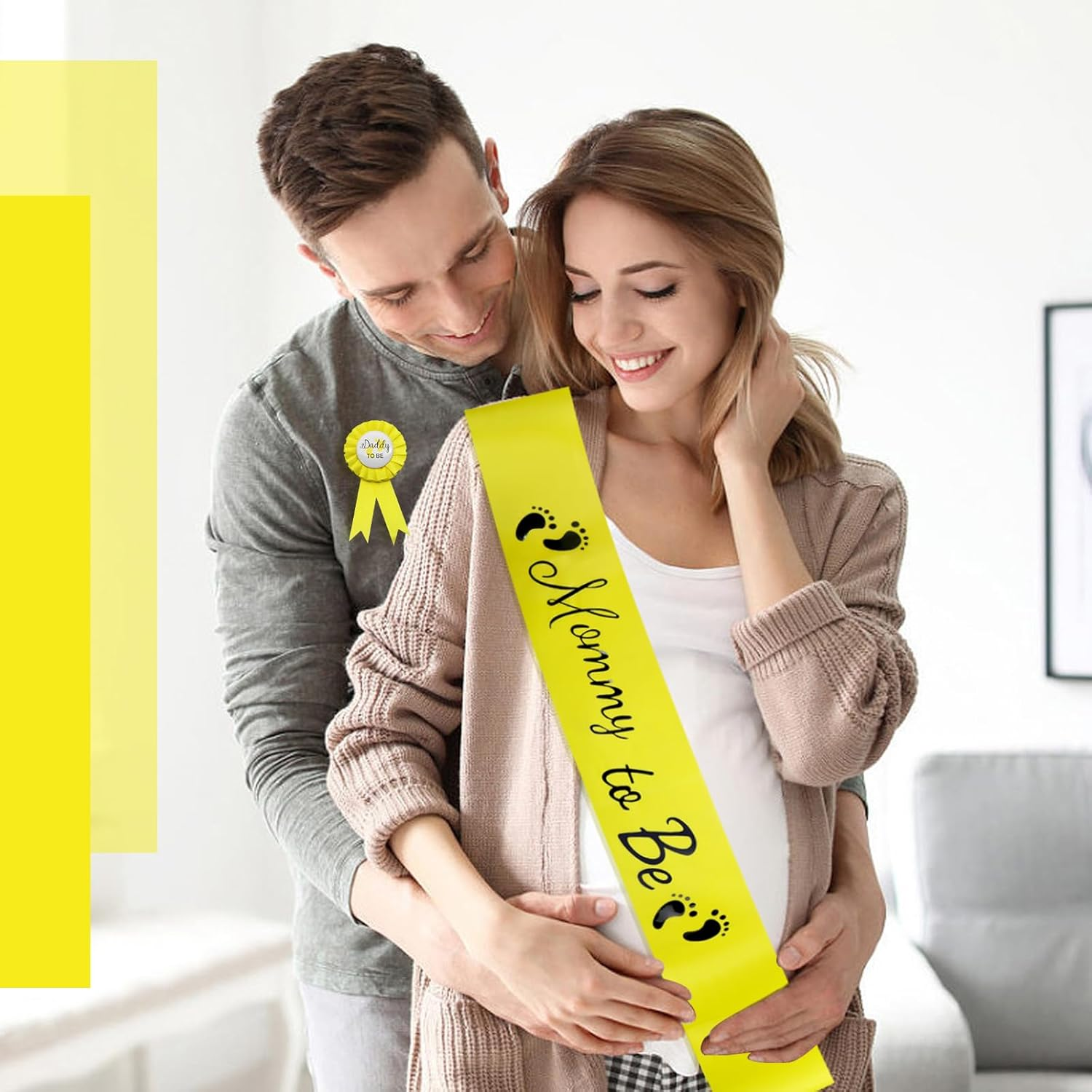 MILVOWOC 2 Pack Baby Shower Sash Set - Yellow Mommy to Be Sash & Daddy to Be Badge for Pregnancy Parties, Gender Reveals Gift with Satin Ribbon & Glossy Texture Baby Shower Decorations - Blue image number 5