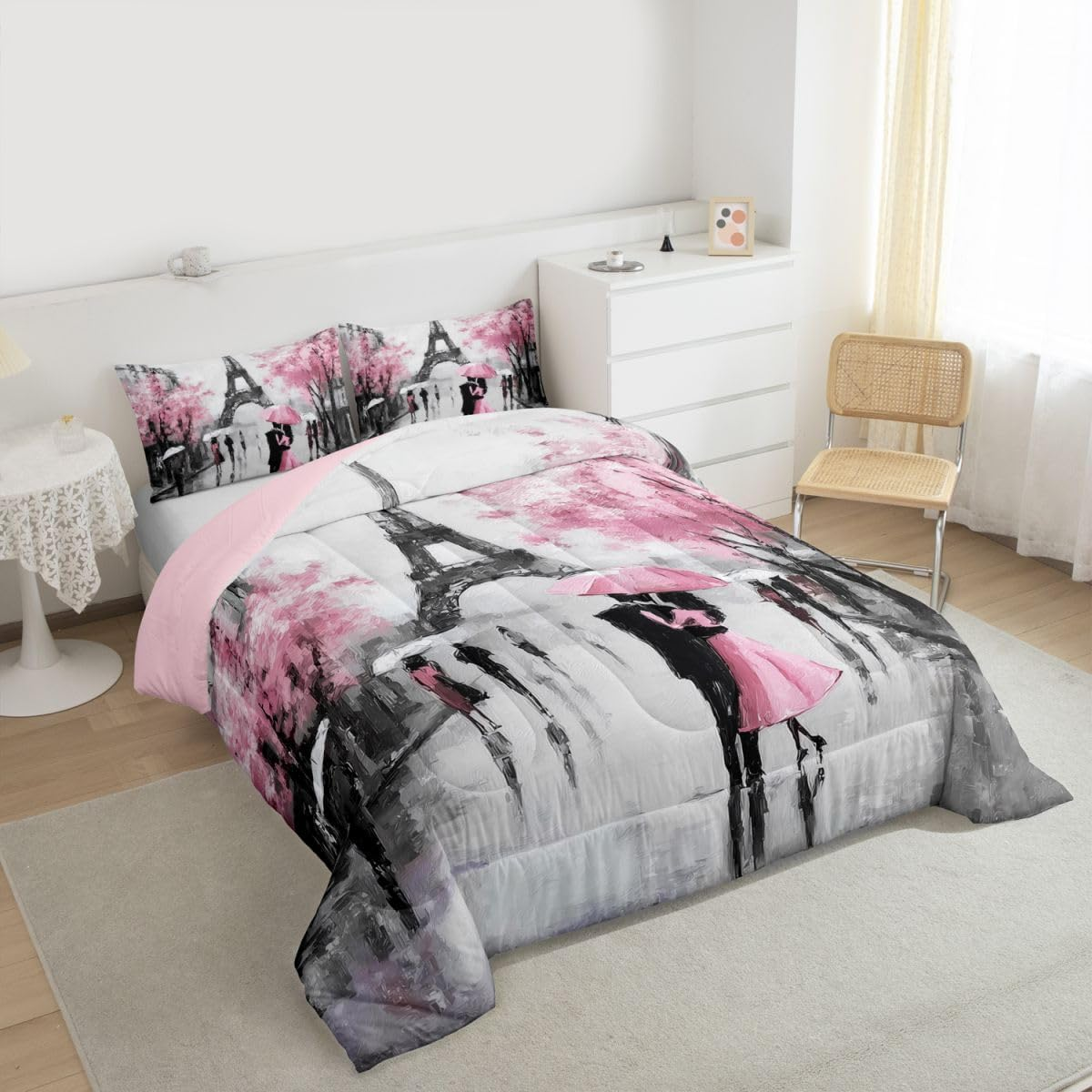 Erosebridal Eiffel Tower Comforter Sets Full Size,Pink Flowers Umbrella Bedding Set for Kids Girls Teens Women,Romantic Paris Duvet Sets,Retro City Building down Comforter with 2 Pillow Cases Grey image number 5