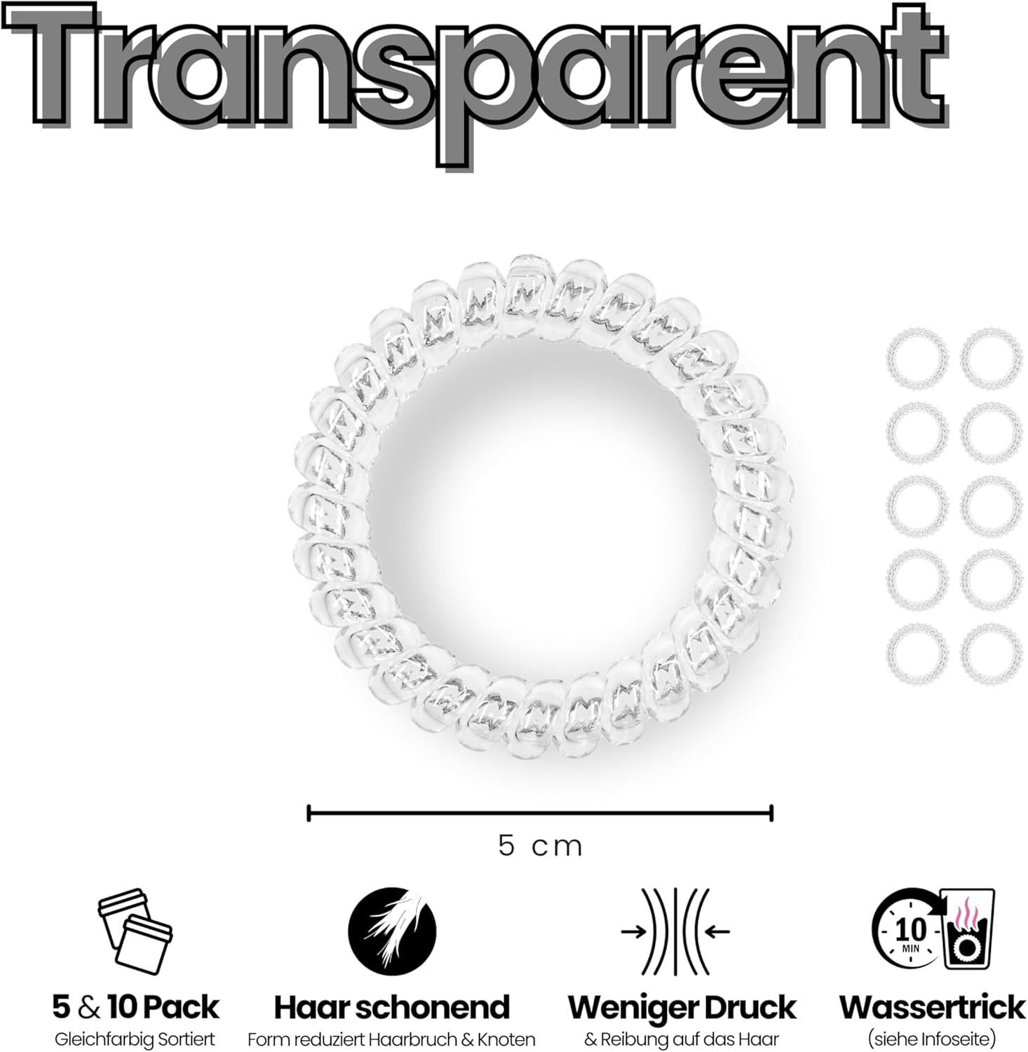 Specora - Spiral Hair Scrunchies Pack of 10-5 Cm TPU Transparent image number 4