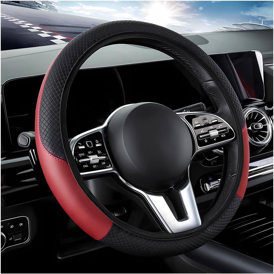 DXNQ Car Steering Wheel Cover, 15 Inch Carbon Fiber Leather Stitching Color Steering Wheel Protector, Anti-Slip Elastic Breathable Steering Wheel Cover Stylish Decor for Most Cars (Black&Red) - Beige, Ad image number 4