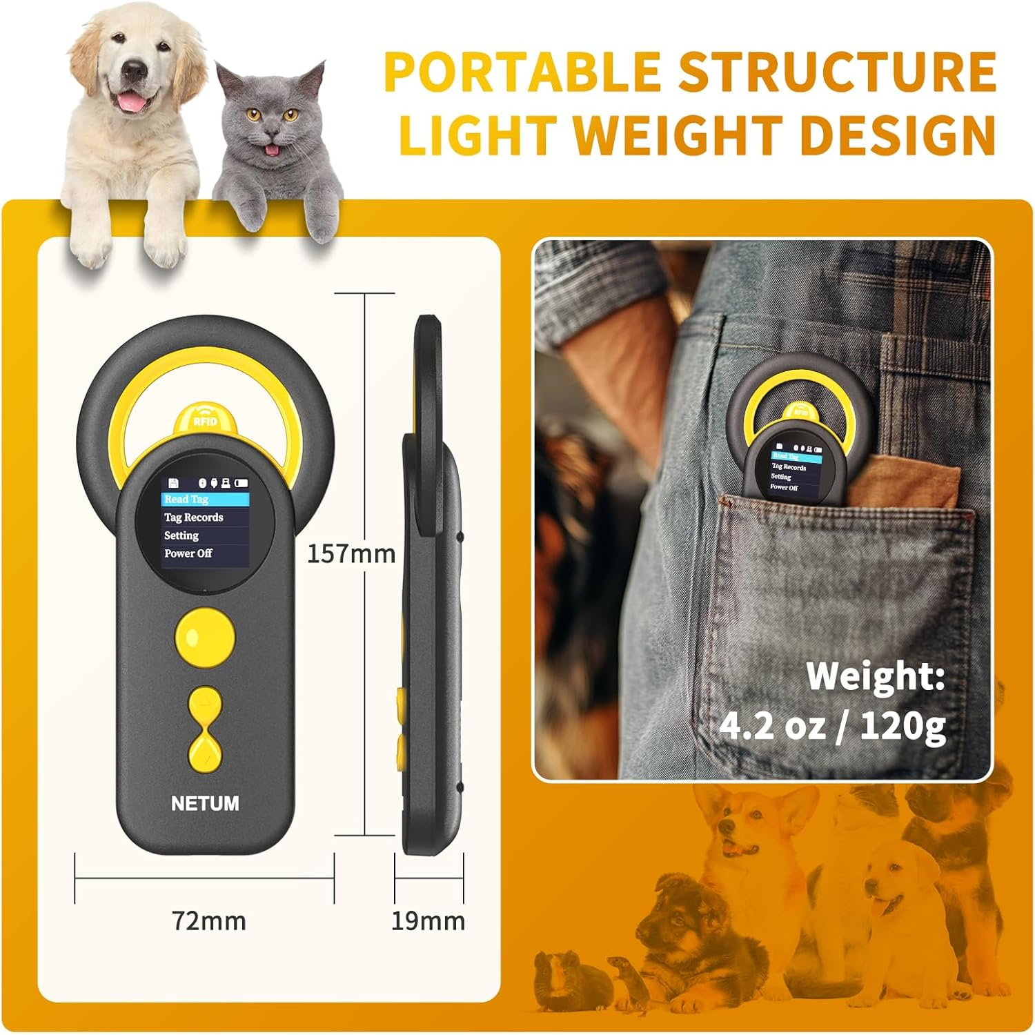 NETUM Bluetooth Pet Microchip Reader, 3-In-1 Wireless Universal Microchip Tag Reader Scanner for Animals with 3.7 Cm TFT Screen 1200Mah Battery That Can Store up to 20,000 Records DJ-130 image number 4