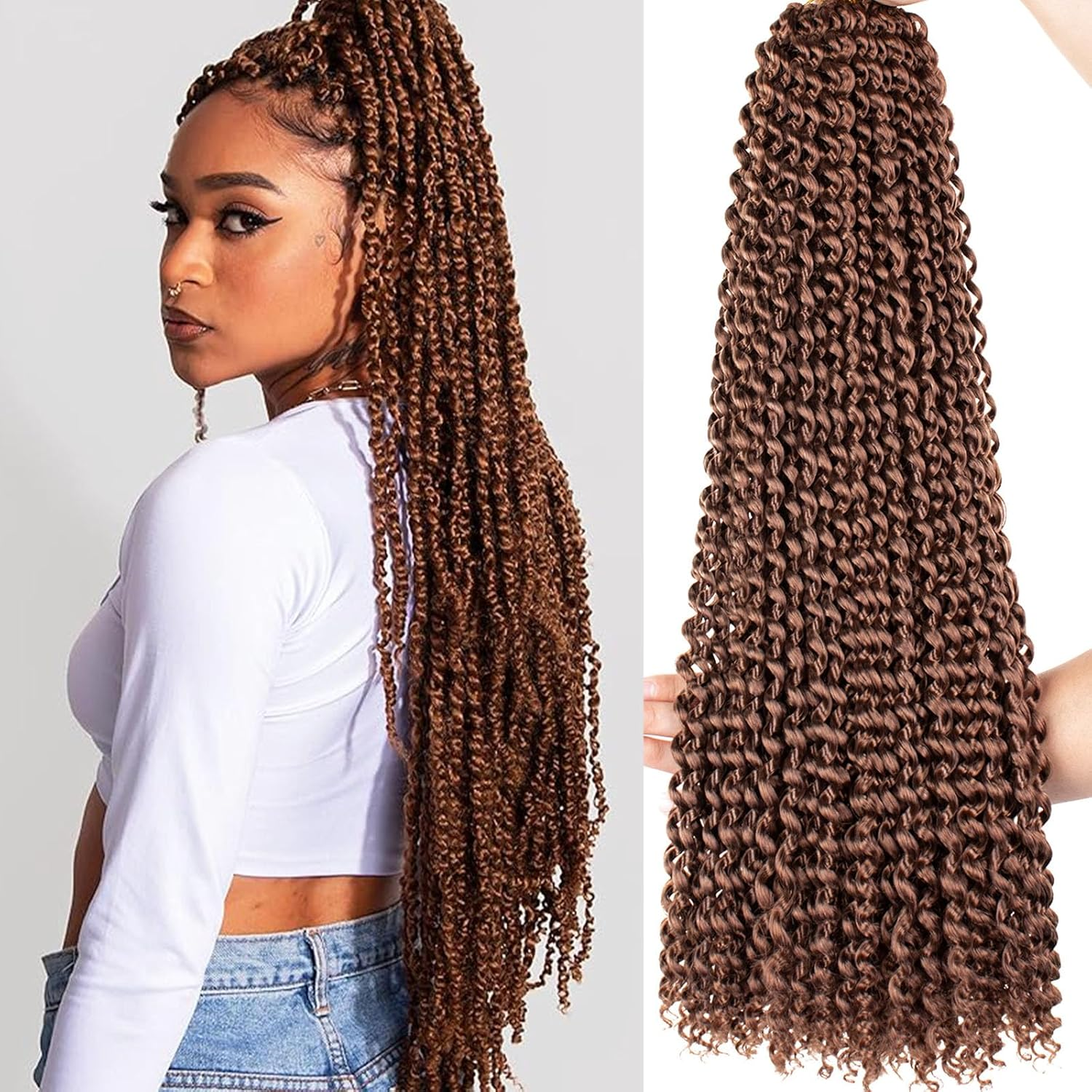 Samtress Passion Twist Hair 18 Inch Water Wave Crochet Hair 7 Packs Brown Pre Looped Passion Twists Hair for Spring Twists、Butterfly Locs Crochet Braids Hair Extensions for Women (#30)