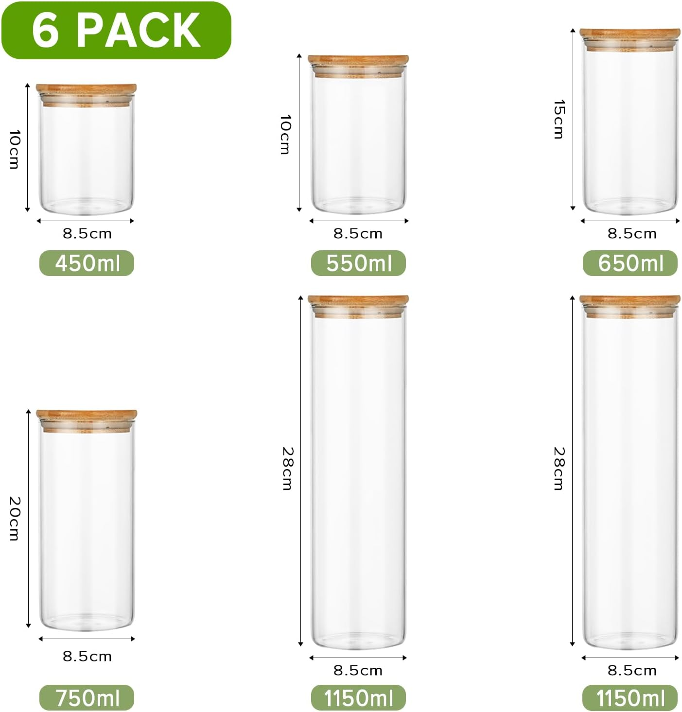 6 Pack Glass Food Storage Jars, Yakiter Food Containers with Bamboo Lids for Pasta, Cookies, Nuts, Coffee Beans, Cereal, Kitchen Canisters, Pantry Organization(15Oz+19Oz+22Oz+26Oz+40Oz*2) image number 3