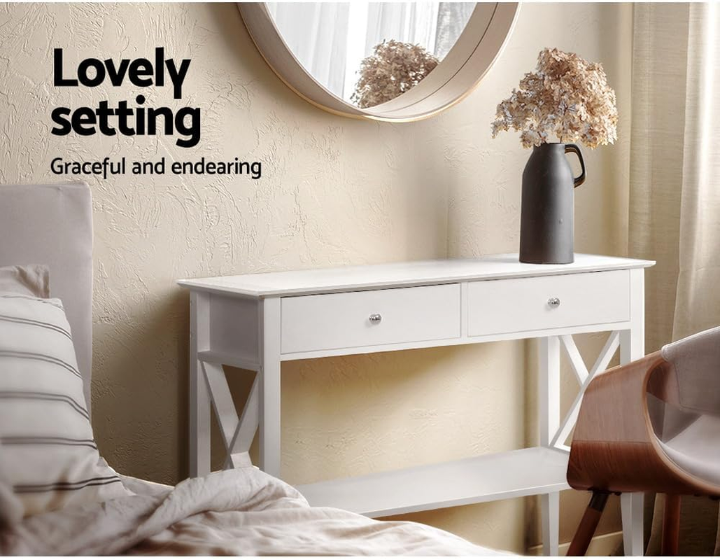 Artiss Console Table, Wood Side Hallway Tables Desk Drawers Display Home Bedroom Office Living Room Entryway Furniture, with 2 Drawer Spacious Storage Shelf White image number 2