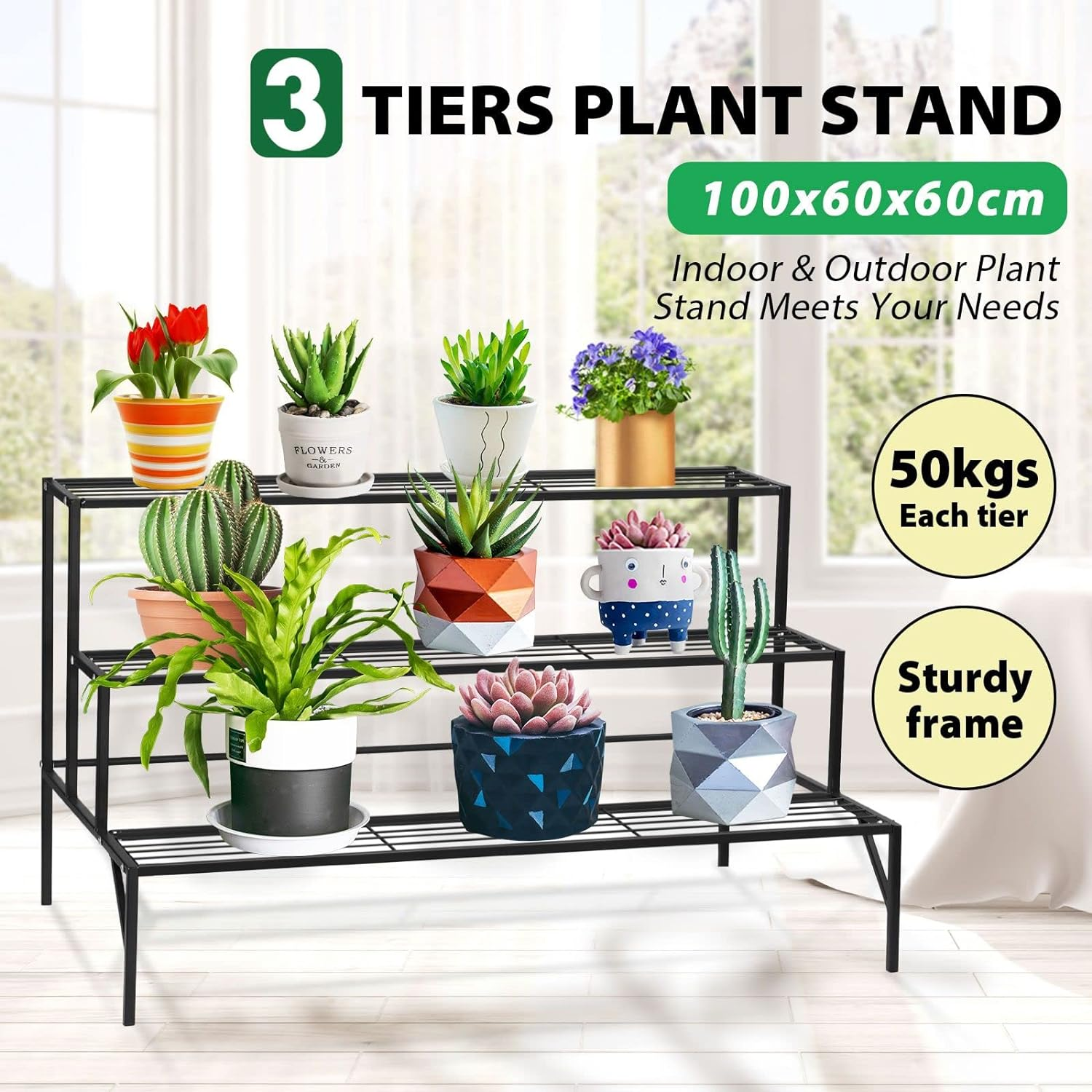 Vintage 3-Tier Plant Stand Metal Flower Pots Display Shelf for Garden Patio Yard Decoration Rack image number 2
