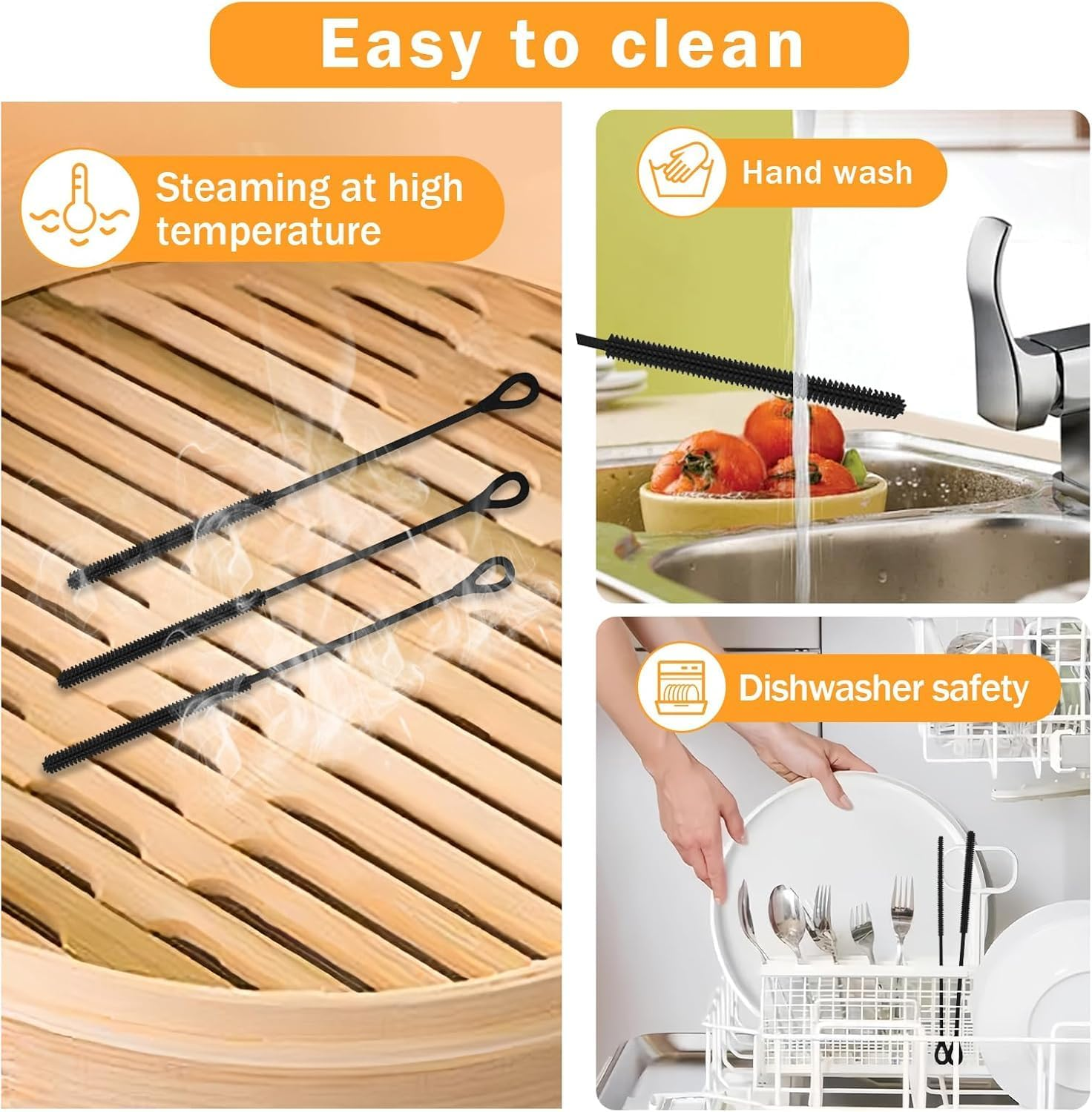 2 Pack Extra Long Silicone Straw Cleaning Brushes - Heavy Duty Reusable Straw Cleaner for Metal, Glass, Smoothie & Bubble Tea Straws - Bpa-Free Food Grade with Bendable Core (6Mm+9Mm, Black) image number 6