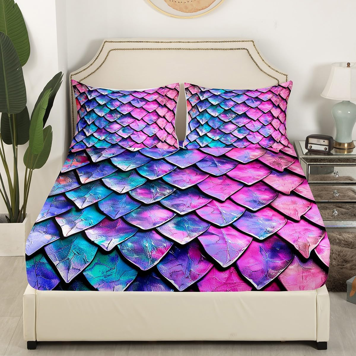 Feelyou Dragon Scale Bed Sheets Set Twin Size Wild Animal Skin Sheet Set for Kids Girls Decor Glitter Psychedelic Animal Sheets with Deep Pocket Fitted Sheet Wild Safari Theme Purple Pink Bedding Set image number 4