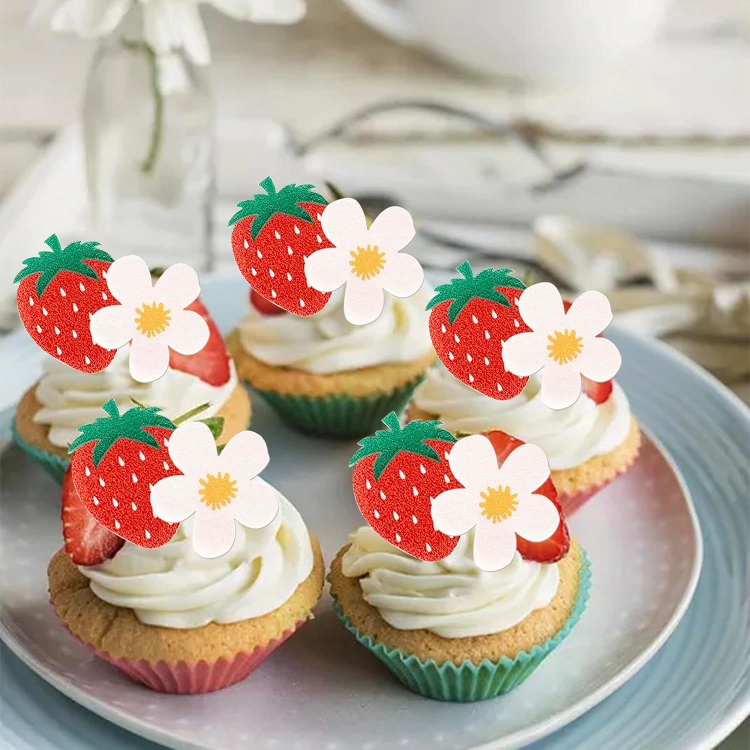 SYKYCTCY 60 Pack Edible Strawberry Cupcake Toppers Strawberry Flower Birthday Cake Decorations Edible Berry Bridal Engagement Cupcake Picks for Baby Shower Wedding Anniversary Party Supplies (#1) image number 3