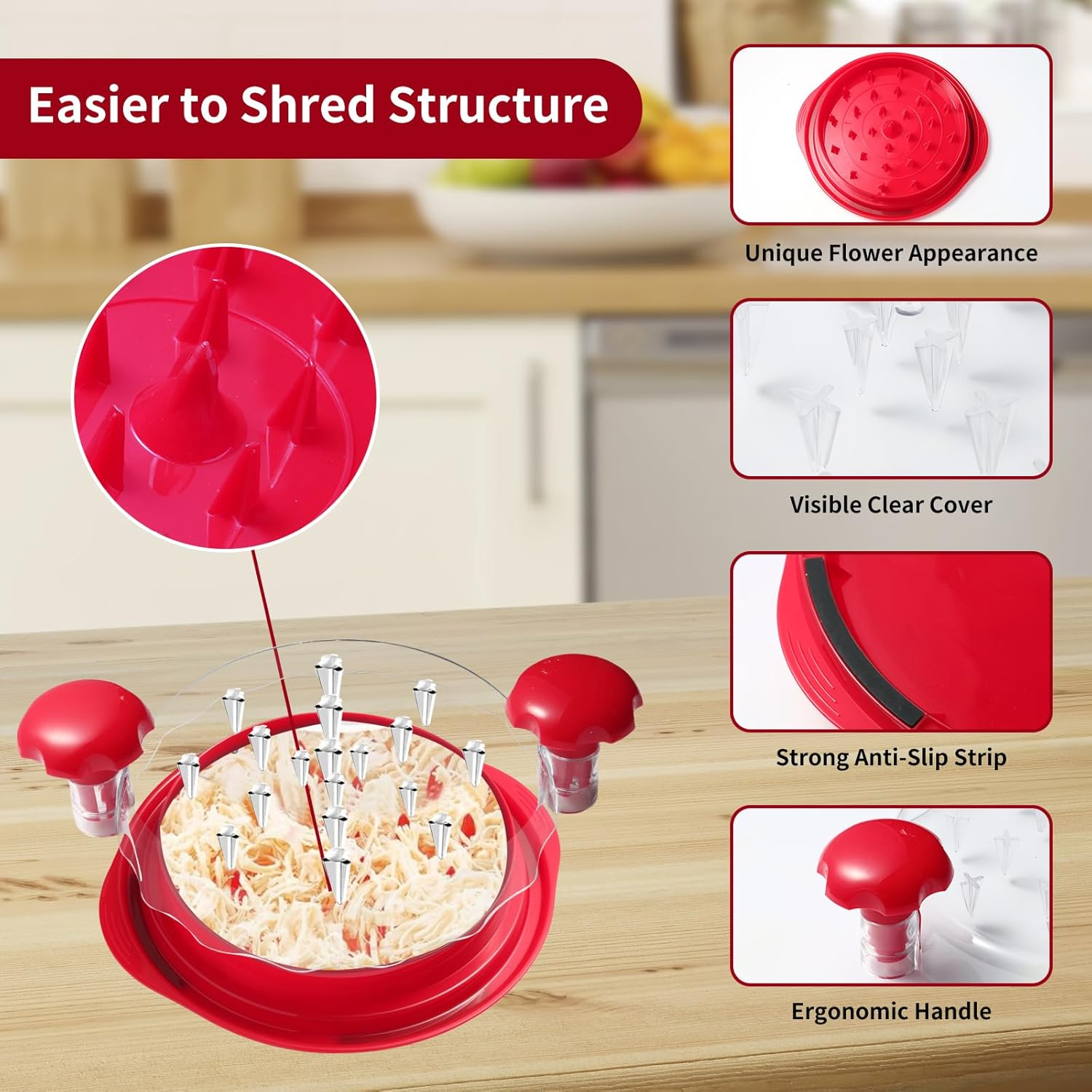 Wvacfre Large Chicken Breast Shredder Tool Twist, Visible Meat Shredder, Anti-Slip Strip, BPA Free, Suitable for Pork Beef Chicken (Red) image number 1