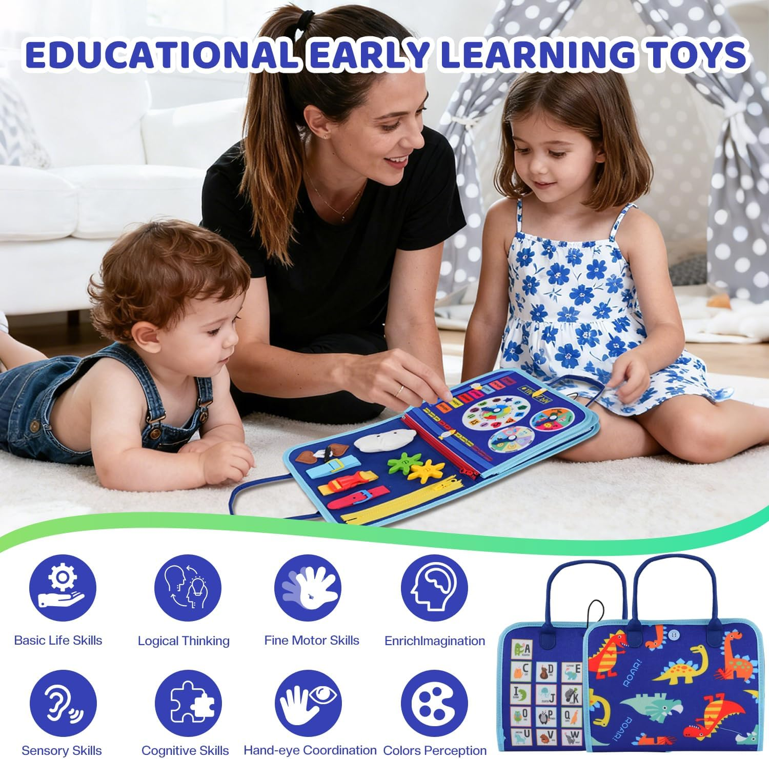 Xkimos Busy Board, Toddler Busy Board Montessori, Toddler Sensory Toys Preschool Educational Busy Book Travel for Toddlers 3 4 5 Year Old Girls Boys Plane Car Activities Baby Quiet Book (Blue) image number 1