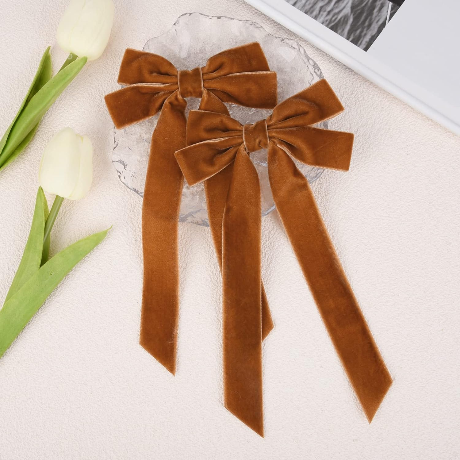 Velvet Hair Bow, Pack of 2 Exquisite Hair Clips with Bow, Velvet Hair Bows Elegant Hair Accessories Bow for Girls Women Everyday Party Wedding Hair Accessories (Brown) image number 1